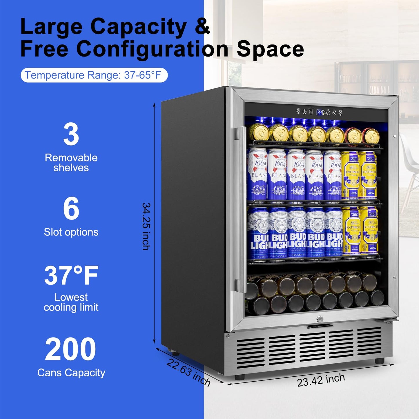 Beverage Refrigerator 24 inch-200 Can Drink Fridge with Glass Door, Under Counter/Freestanding Beverage Cooler with Temperature Memory, Reversible Door, Quick Cooling, Cooler for Beer, Soda, Wine