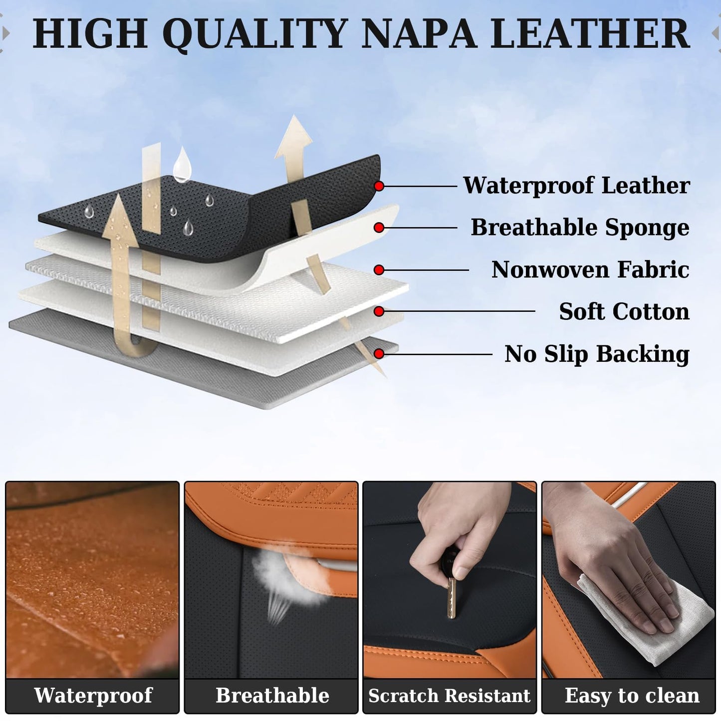 Coverado Car Seat Covers Full Set, Breathable Nappa Leather Seat Covers for Cars, Automotive Seat Covers, Waterproof Front and Back Car Seat Protector Universal Fit Most Cars(Brown&Black)