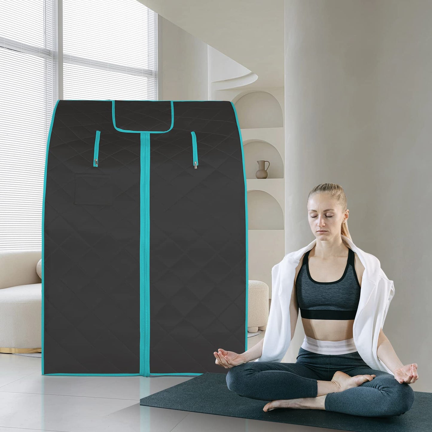 Smartmak Far Infrared Sauna, Full Body One Person Portable SPA Set with Time & Tempreture Remote Control, Heating Foot Pad and Foldable Reinforced Chair (L 27.6’’ x W 31.5’’ x H 37.8’’) - Black