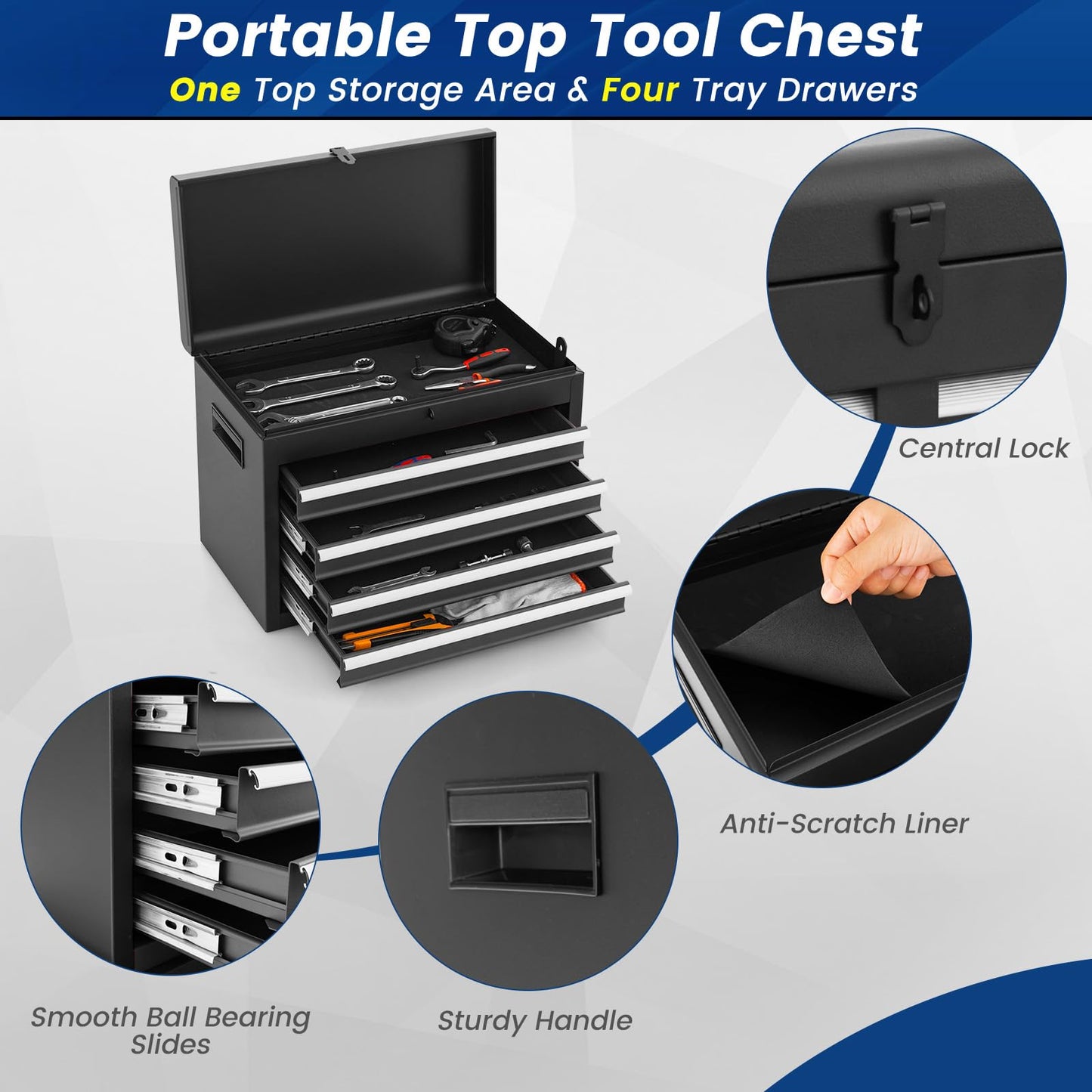 Goplus Rolling Tool Chest, 5-Drawer Tool Box Organizer w/Lockable Wheels & Sliding Drawers & Detachable Top & Adjustable Shelf, Tool Storage Cabinet for Garage Workshop(Gray)