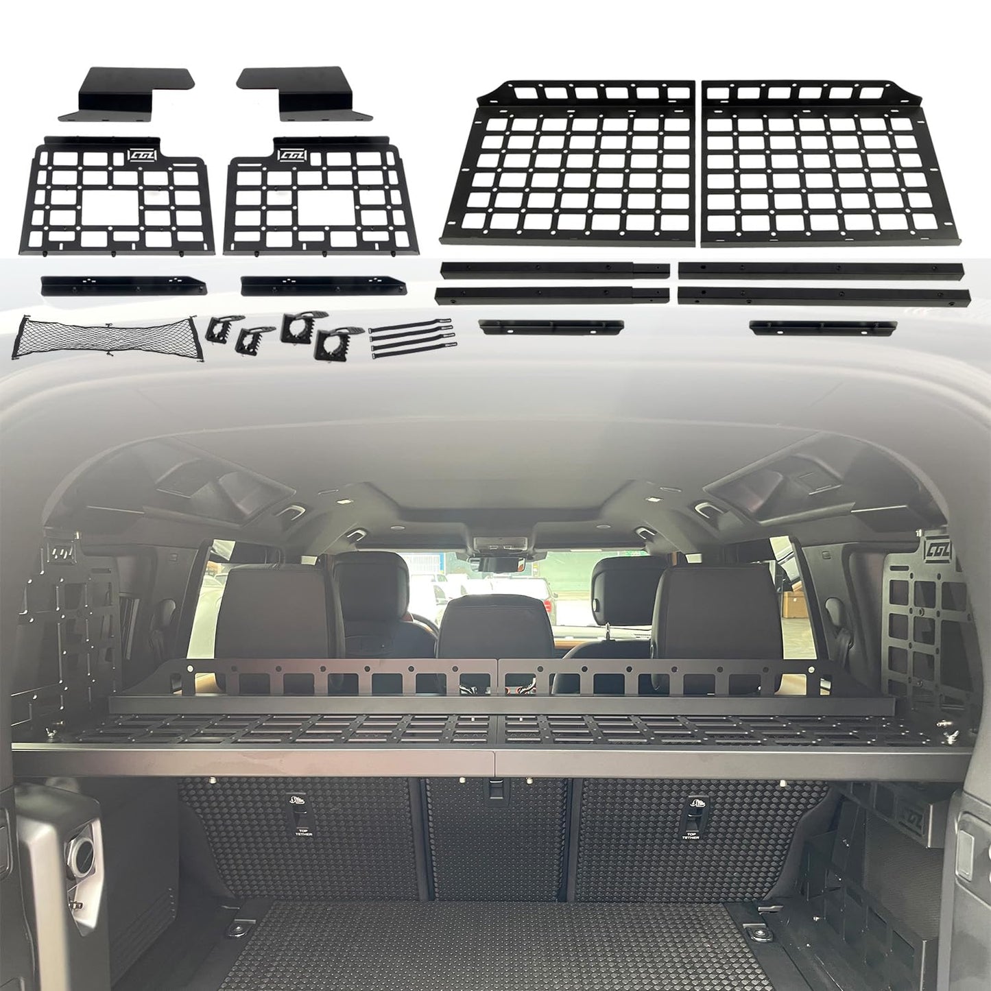 HIGH FLYING for Land Rover Defender 4dr 2020-2025 Car Accessories Modular Storage Molle Panel System Trunk Shelf Organizer Interior Cargo Rack Aluminum (Panels+Shelf)