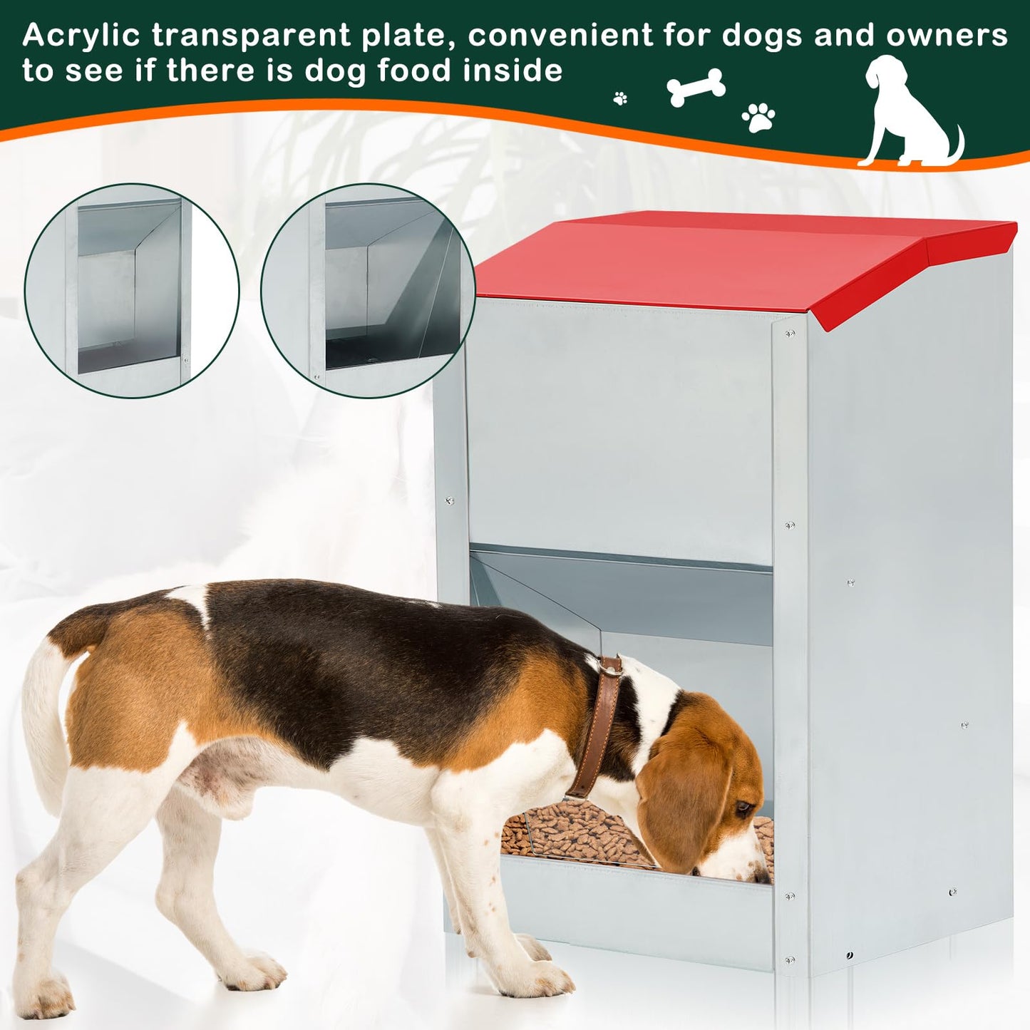 Willinglong 2 Pcs 50 Lbs Large Automatic Dog Feeders with Handle Acrylic Panel Galvanized Gravity Feeder Outdoor Hanging for Doggie Breed Dog Food Dispenser Container(Red)