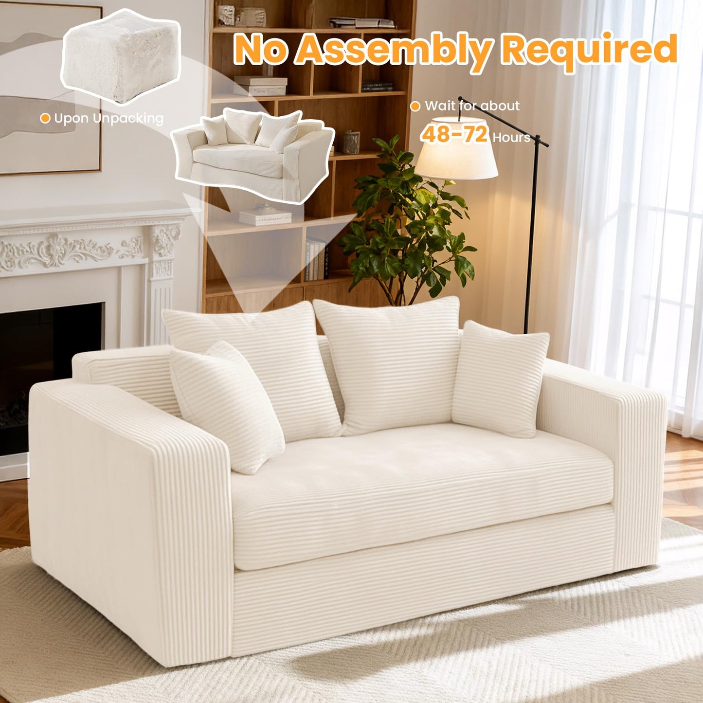 Boneless Loveseat Sleeper Sofa Bed, 3-in-1 Convertible Sofa Bed and Floor Futon with 4 Pillows, 55" Beige Boneless Couch for Living Room, Guest Room, Small Space, No Assembly Required, Corduroy