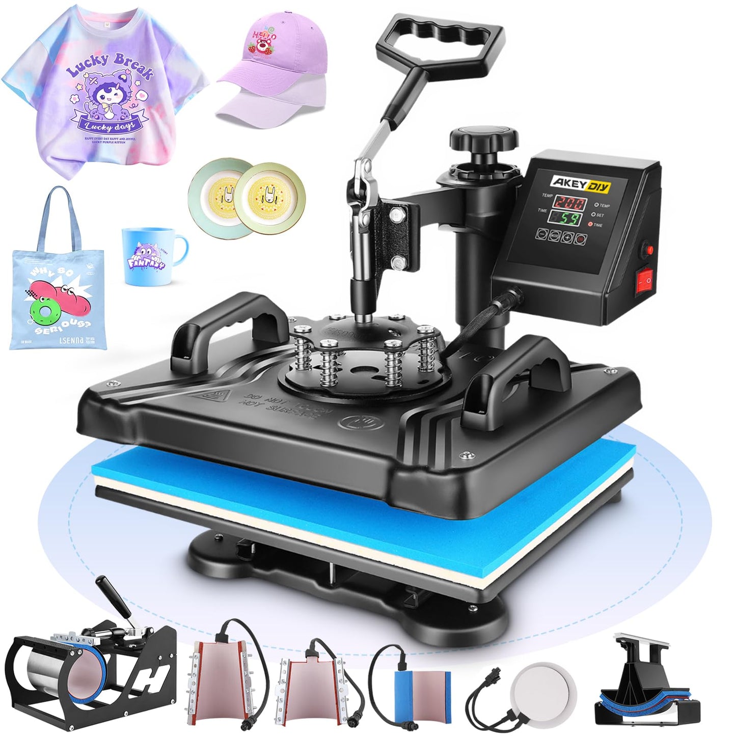 Heat Press Machine for Tshirts, 8 in 1 Heat Transfer Machine, 12" X 15" Heat Printing Press for Sublimation Combo with 360 Degree Rotation Swing Away for T-Shirt Hat Cap Mug Plate, Blue Black