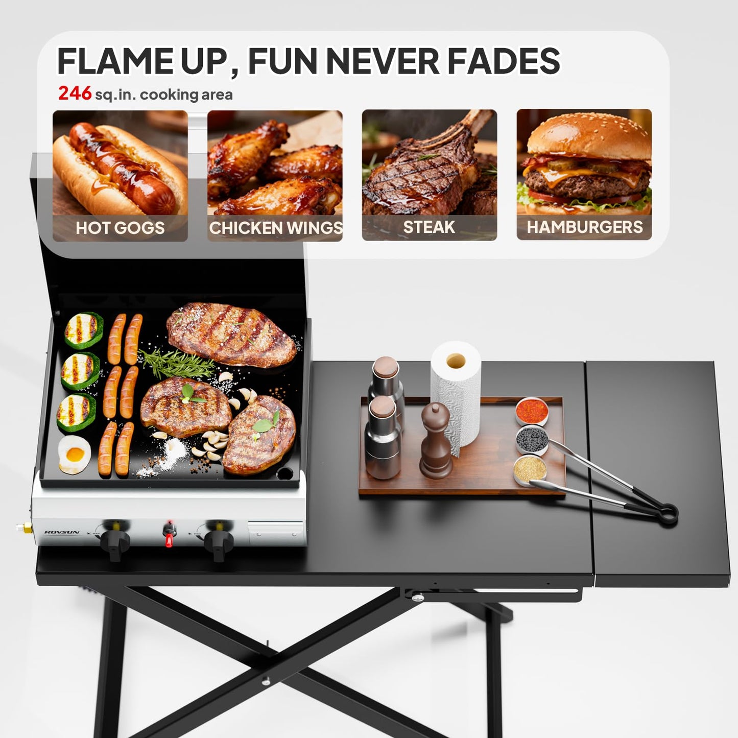 ROVSUN 2 Burner Foldable Propane Griddle with Wheels, Enameled Tray & Lid, 20000 BTU Portable Rolling Flat Top Gas Grill with Electronic Ignition & Regulator for Outdoor Cooking Camping BBQ Tailgating