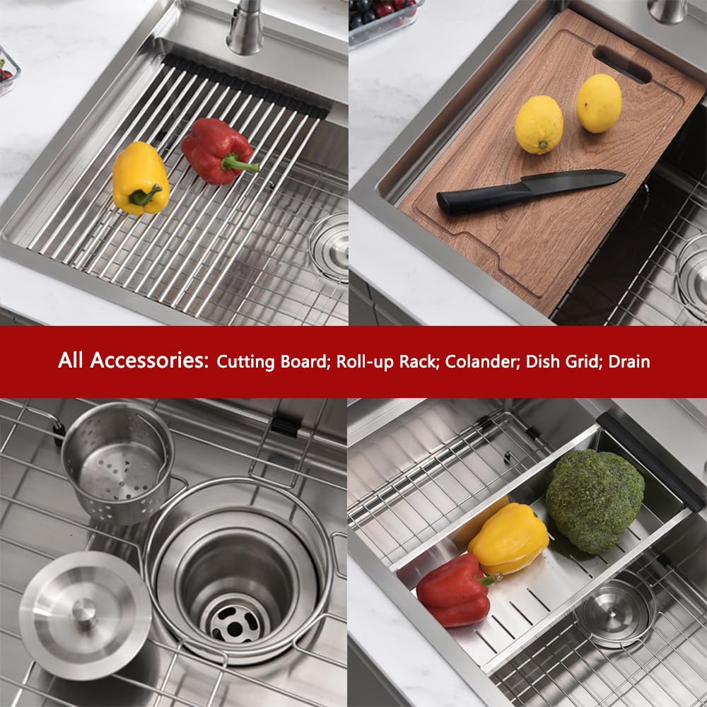 WMXQX 33 Inch Drop In Kitchen Sink Splash Guard Workstation, 33x19 Kitchen Sink Drop In Stainless Steel Top Mount Sinks 16 Gauge Rounded Corner Single Bowl 10" Deep Basin with Cutting Board