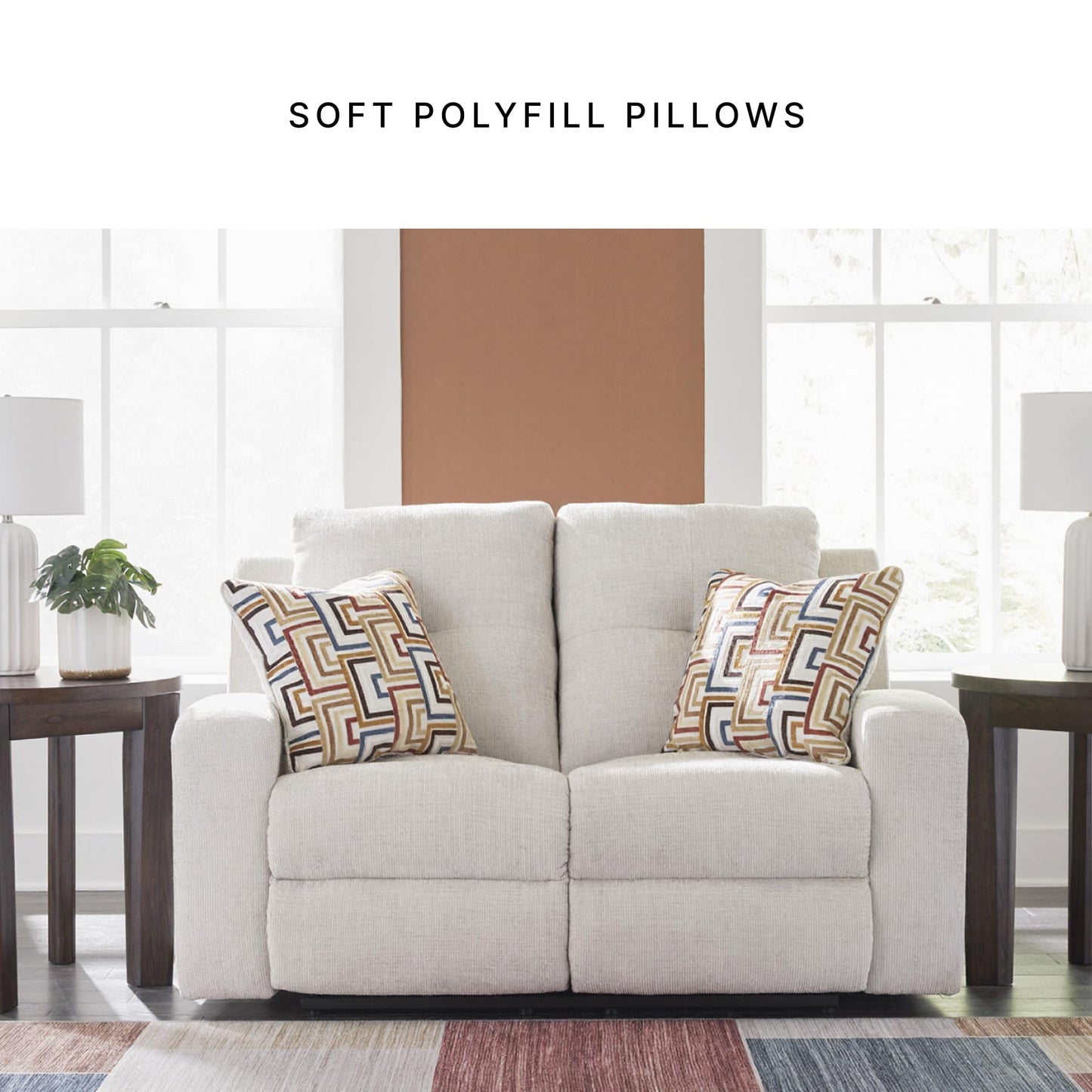 Signature Design by Ashley Danum Modern Tufted Manual Reclining Loveseat with 2 Accent Pillows, Beige