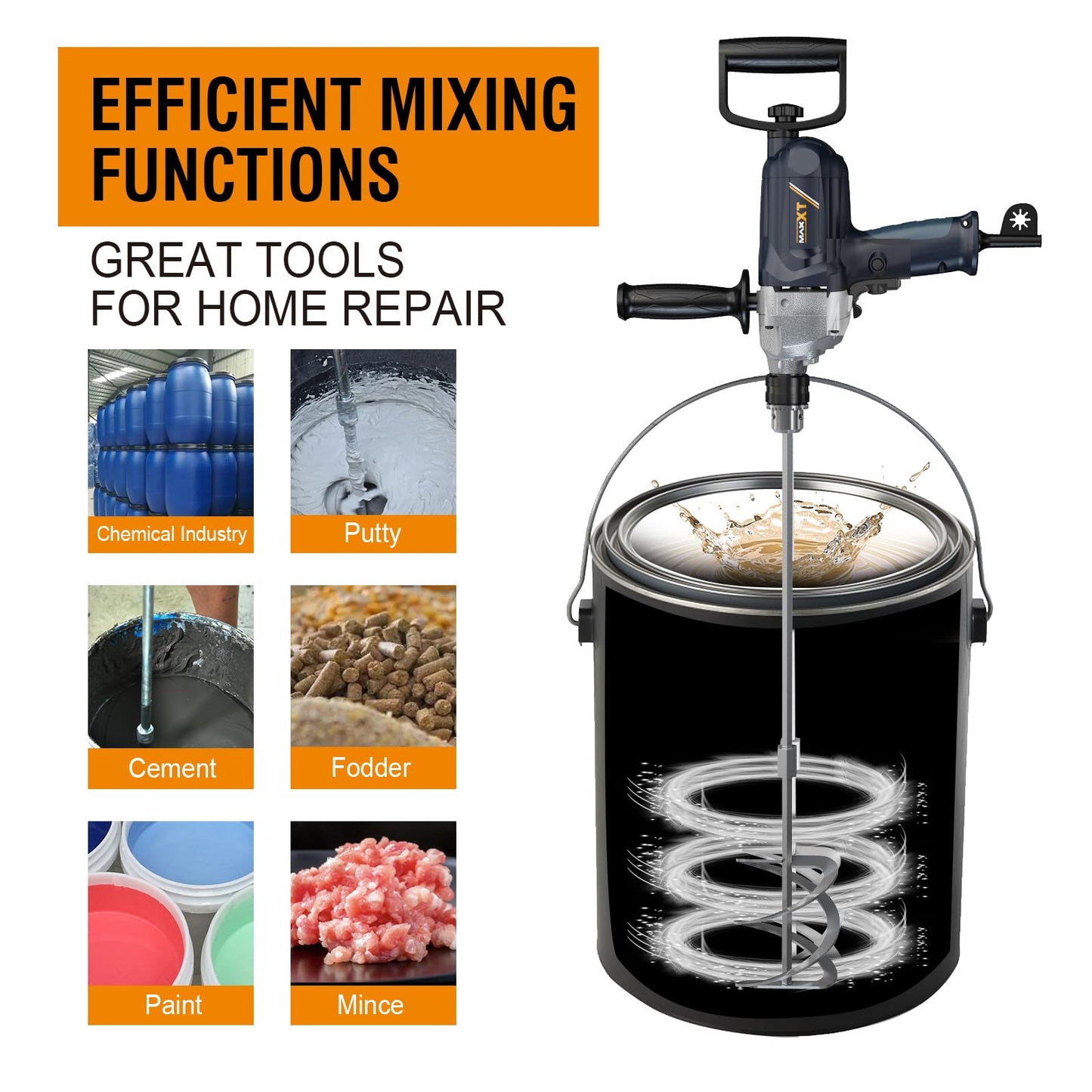 MAXXT Concrete Mixer,9A Handheld Cement Mixer,Drill Mixer with Spade Handle for Drilling and Mixing, Variable Speeds Mud Mixer for Mixing Cement, Motar,Mud, Paint, Fodder
