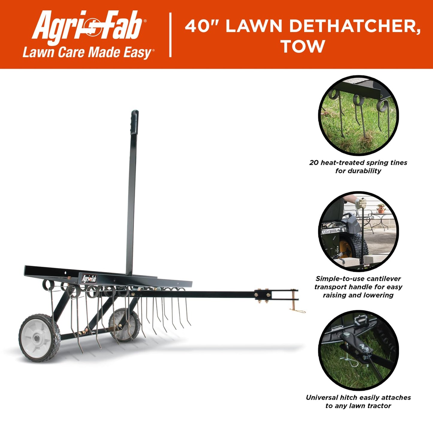 Agri-Fab 45-0294 40in Tow Behind Lawn Dethatcher, 20 Durable Spring Steel Tines Lawn dethatcher, Designed to pull behind Lawn and Garden Tractors, Black