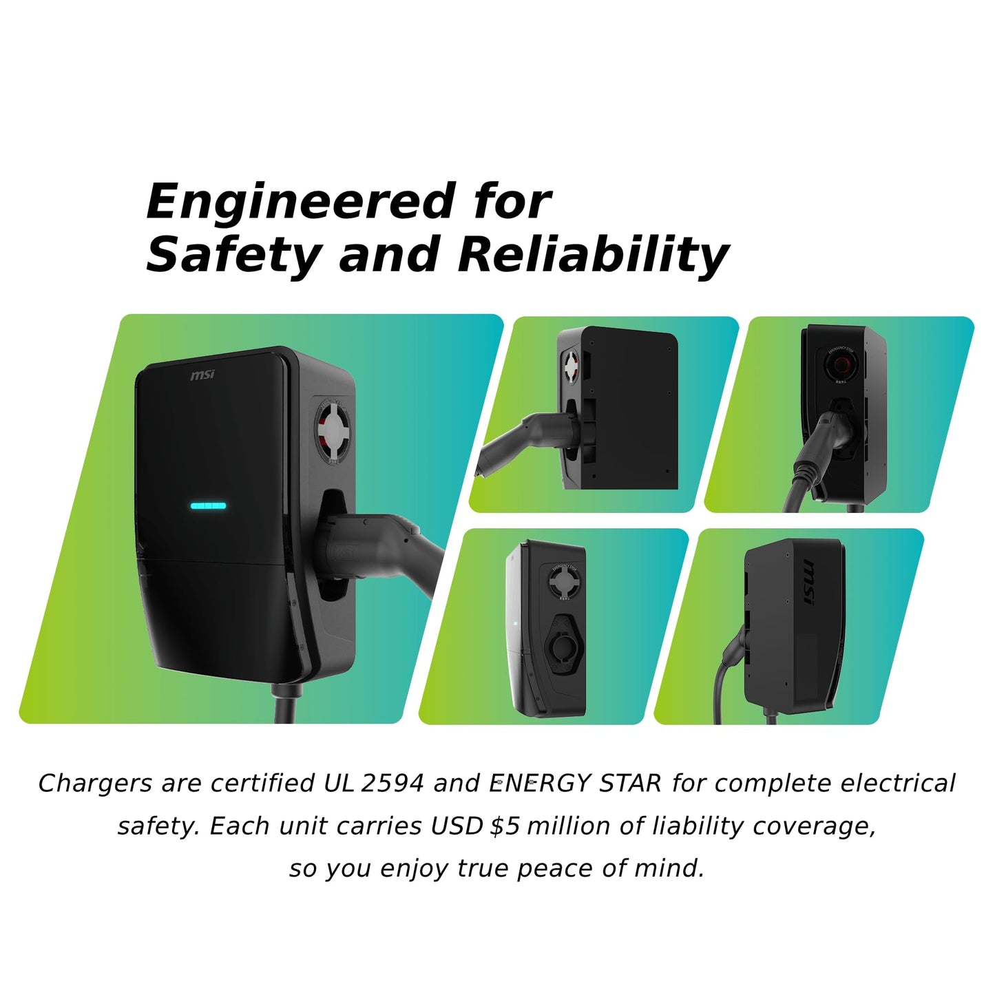 MSI EV Life Type 1 (J1772) NEMA 14-50, Level 2 Charger, 240V, 40A, 9.6KW, IP55 Rated-Water and dust Resistant, IK08 Impact Resistant, UL2594 Certified, Energy Star, 5 Years Warranty