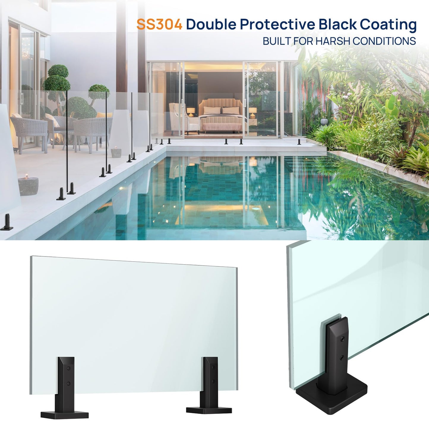 LukLoy 8 Pack NW. 2.1lb T304 Stainless Steel Glass Railing Spigot Heavy-Duty Matte Black Clamp Post Glass Railing System, No-Drill Design for Pool, Deck, Stair, Balustrade, Balcony - Level 2