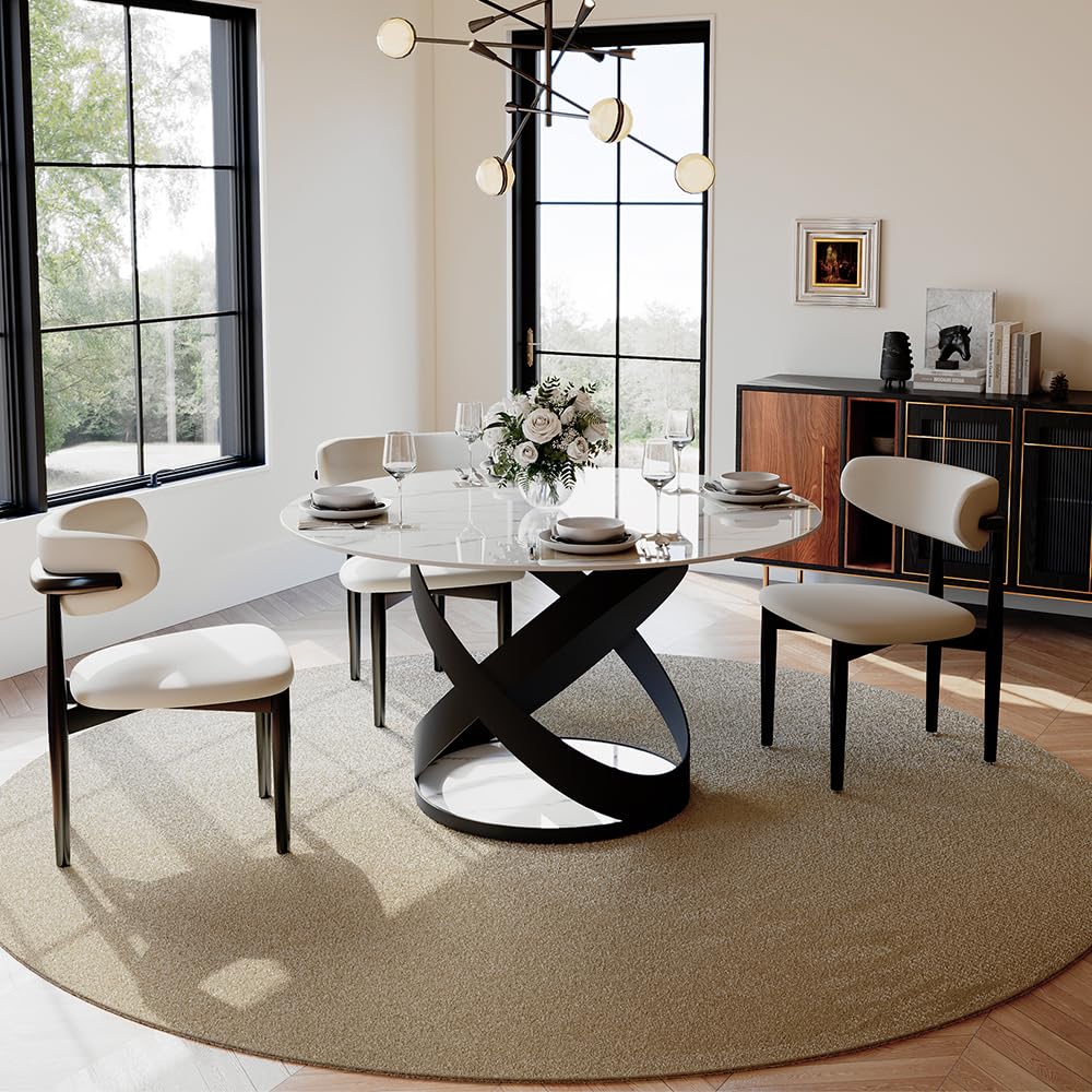 POVISON 51" Modern Dining Table, Glossy White Round Dining Table for 6, Sintered Stone Dining Tabletop with Black X Carbon Steel Base (Table Only)