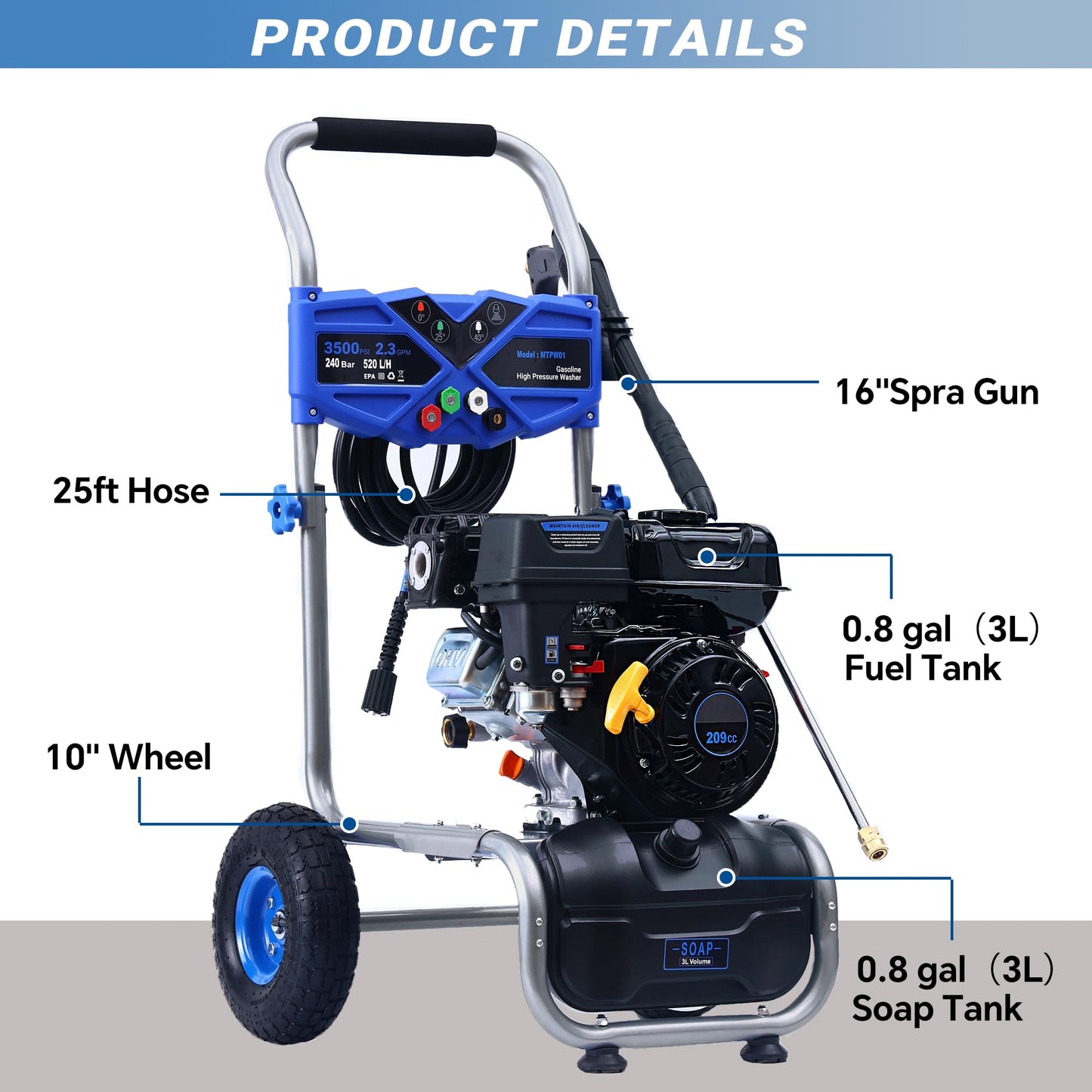 MUTAOMAY 3500PSI Gas Pressure Washer, 2.3GPM Gas Powered High Pressure Washer with 209CC Engine, 4 Adjustable Nozzles, 25 ft High Pressure Hose for Cleaning Walls, Terraces, Vehicles, Garden (Blue)