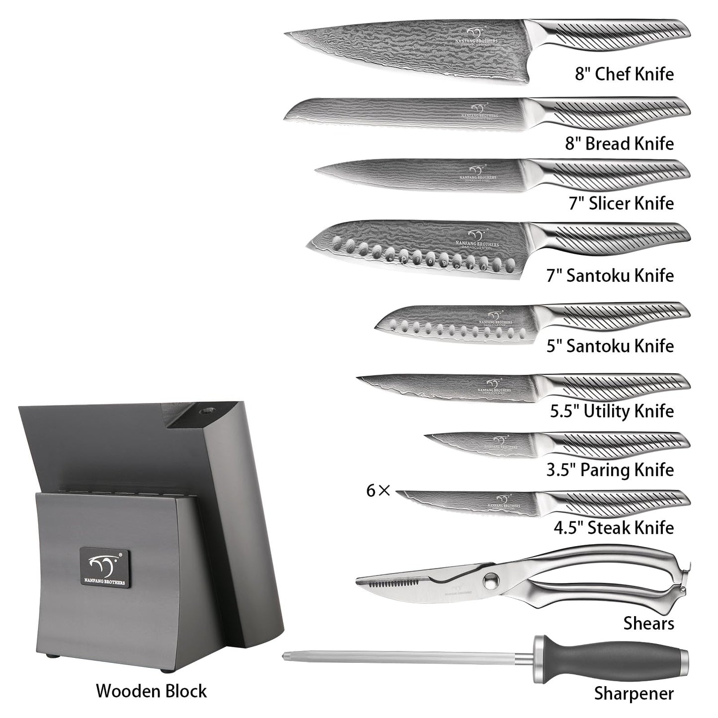 NANFANG BROTHERS® 16 Pieces Damascus Kitchen Knife Set, High Carbon Damascus Steel Chef Knife Set, Stainless Steel Ergonomic Handle for Chef, with Built-in Sharpening Rod