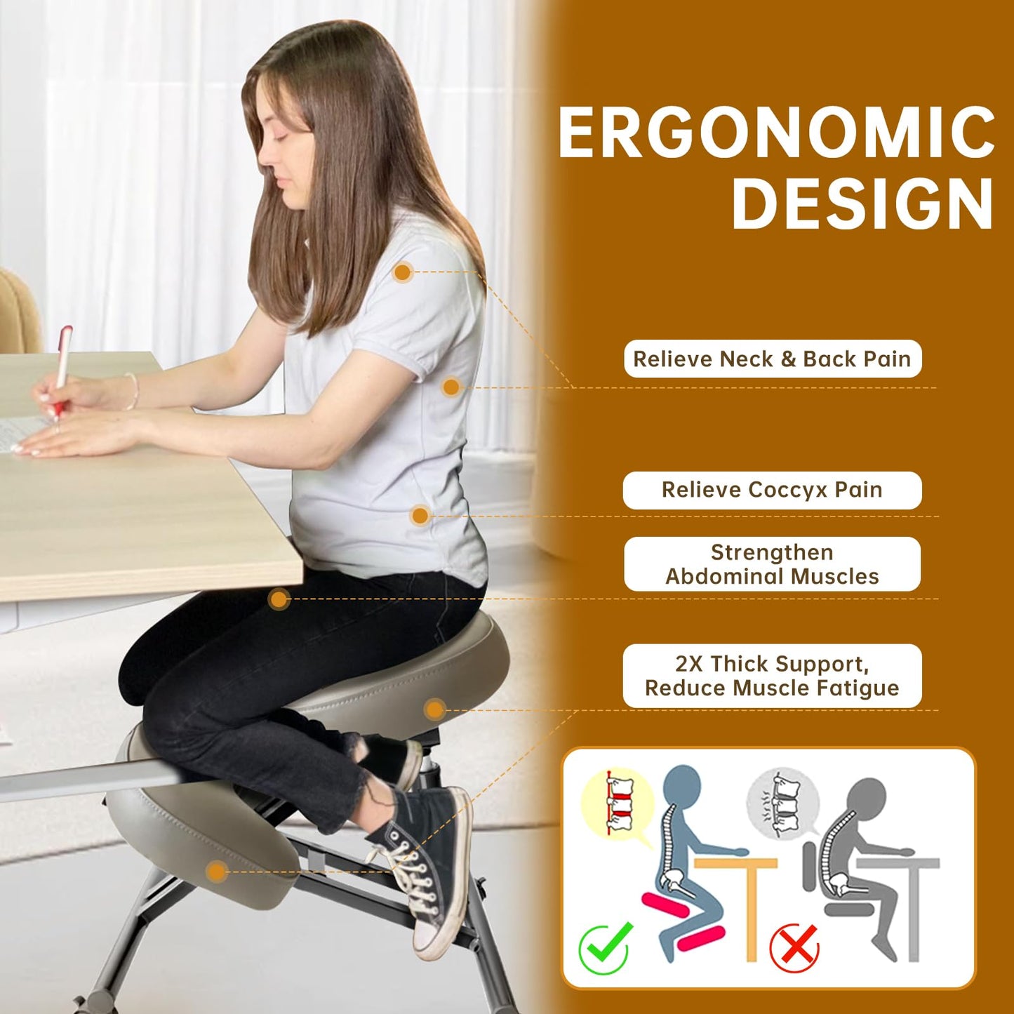PU Leather Ergonomic Kneeling Chair, Adjustable Home and Office Stool with Thick Pads and Flexible Lockable Brake Wheels for Back Pain Relief（Dark Brown）