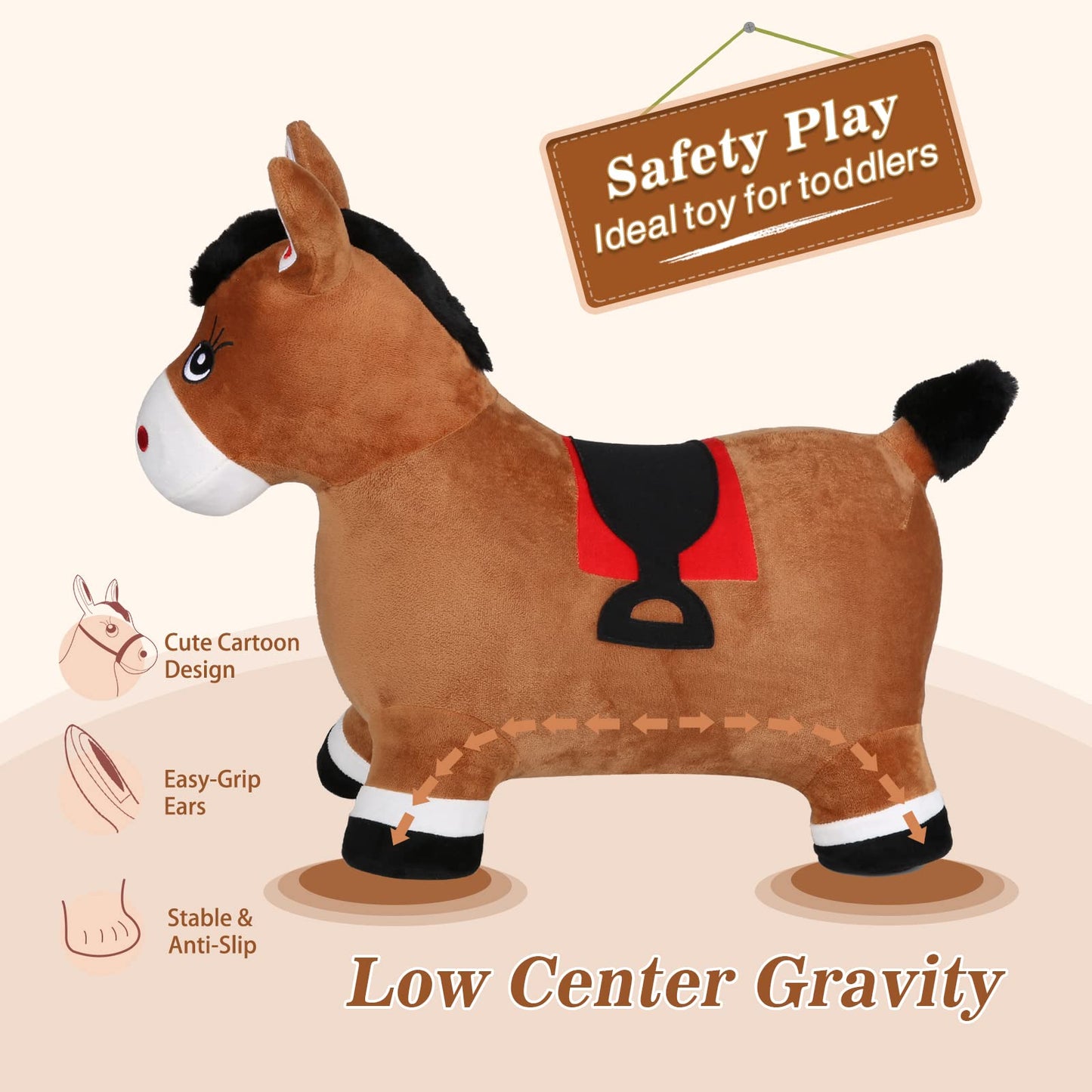INPANY Bouncy Horse Hopper for Toddlers - Hopping/Bouncing Horse, Inflatable Ride-on Animal Toy for Kids/Children - Plush Covered (Includes Pump)