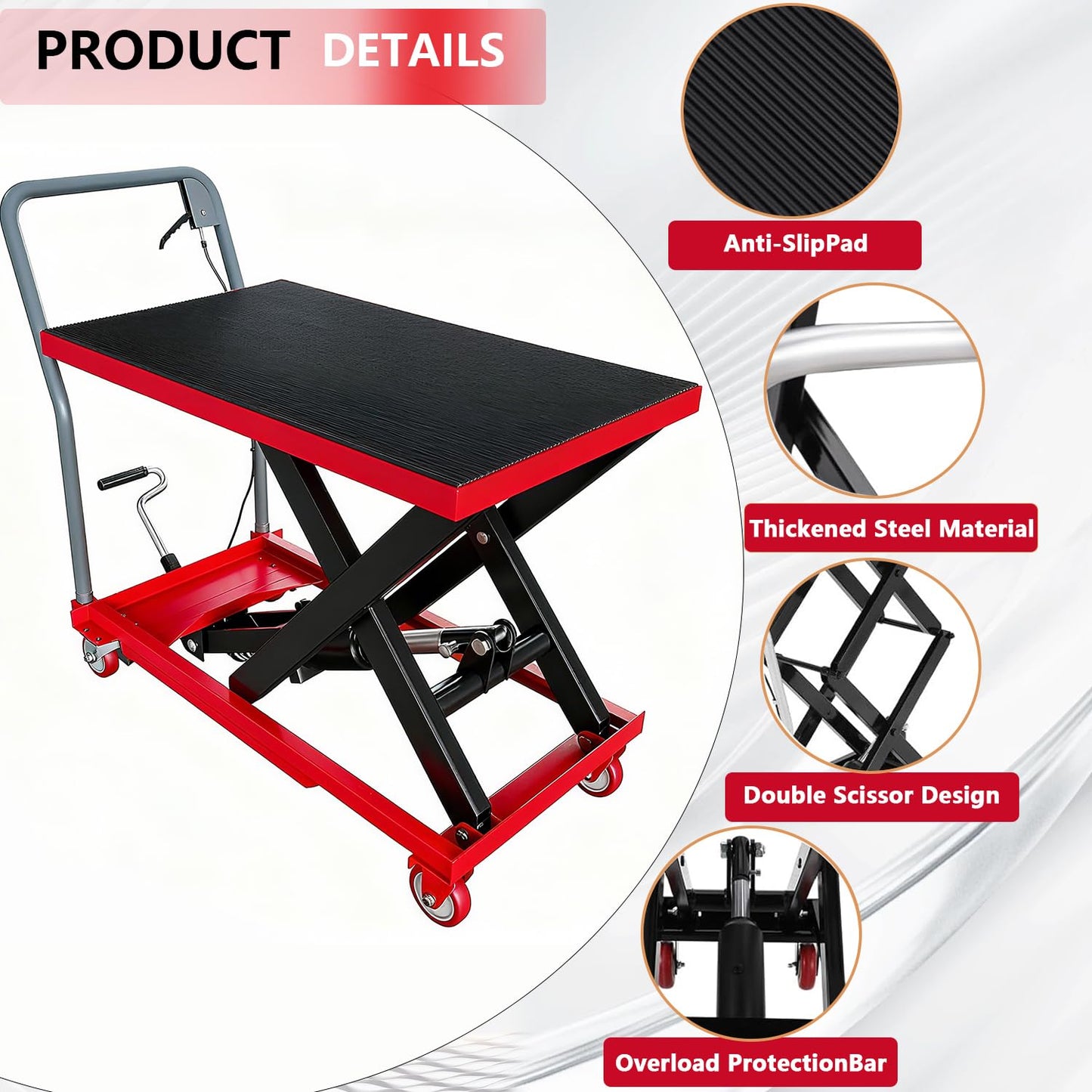 1100LBS Hydraulic Lift Table Cart, 32" Lifting Height Hydraulic Material Lift Pallet Truck with 4 Locking Wheels for Material Handling and Transportation