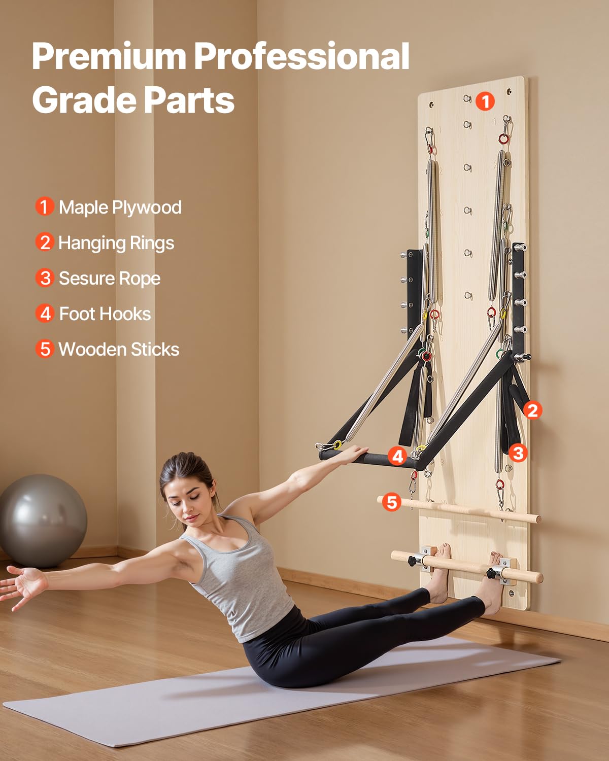 VEVOR Wall Mounted Pilates Reformer Machine, Maple Wood Pilates Springboard, Exercise Equipment with Resistance Springs, Yoga Fitness Trainer, Suitable for Flexibility Balance, Home Gym Studio Workout