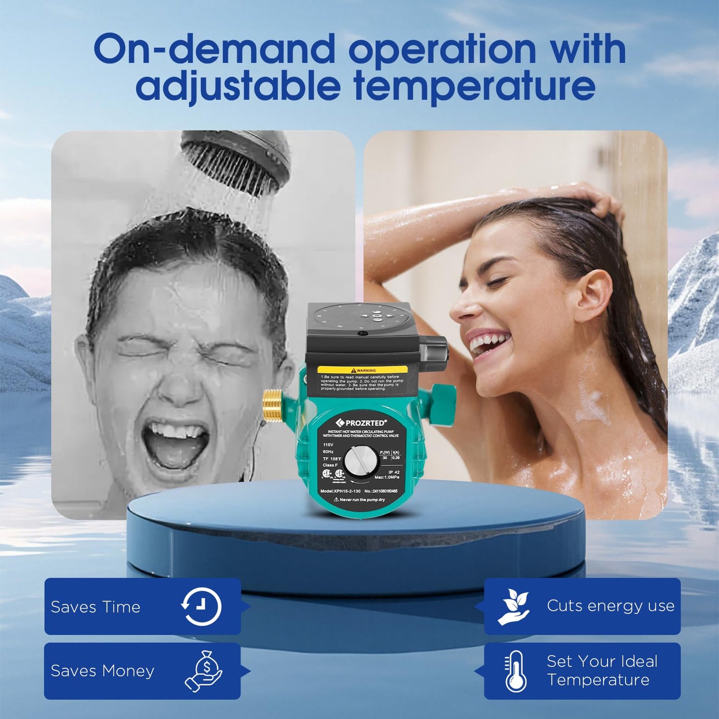 PROZRTED Instant Hot Water Circulating Pump with Built-in Digital Timer and Adjustable Thermostat Control Valve (From 68°F to 118°F),10 ft Cord, 2 Supply Lines