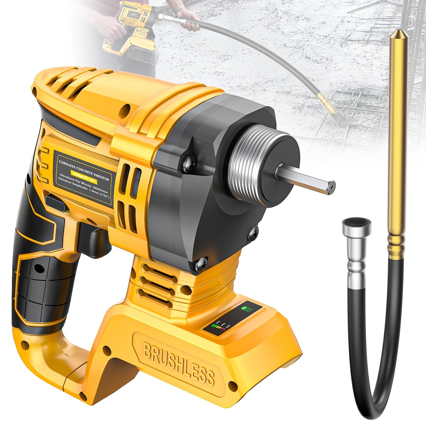 LIVOWALNY Handheld Concrete Vibrating Tool Compatible with Dewalt 20V Battery, 600W Cordless Electric Concrete Vibrator with 3.8ft Shaft Rod,6000RPM Portable Pencil Cement Vibrarator Remove Air Bubble