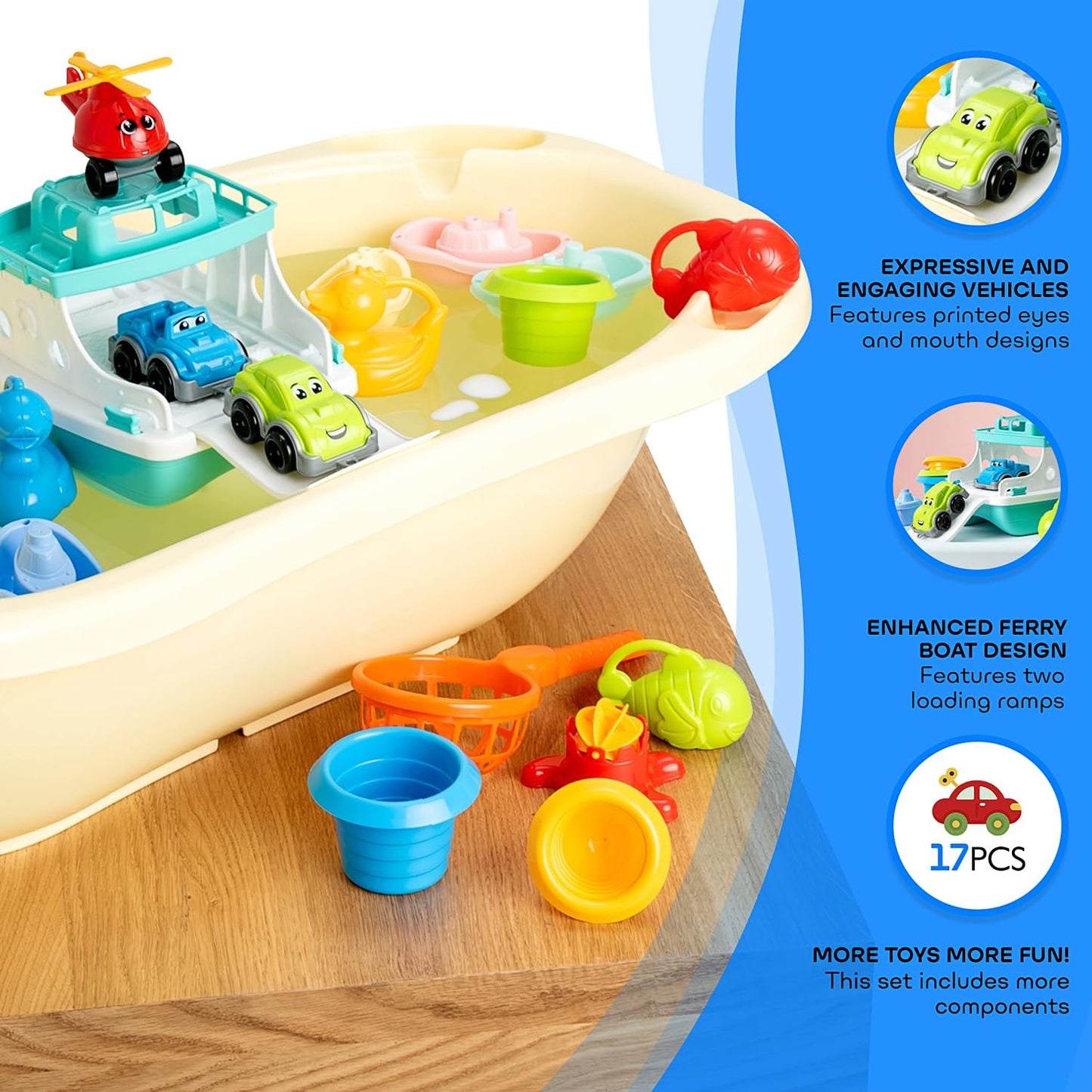 uToyz Ferry Boat Kids Bath Toy Set – 17 Pcs Toddler Pool Toys with Stacking Cups, Toy Ferry Boat, Train, 2 Cars & A Helicopter Addition for Fun Water Play, Toddler Bath Toys for 1 Year Old & Up