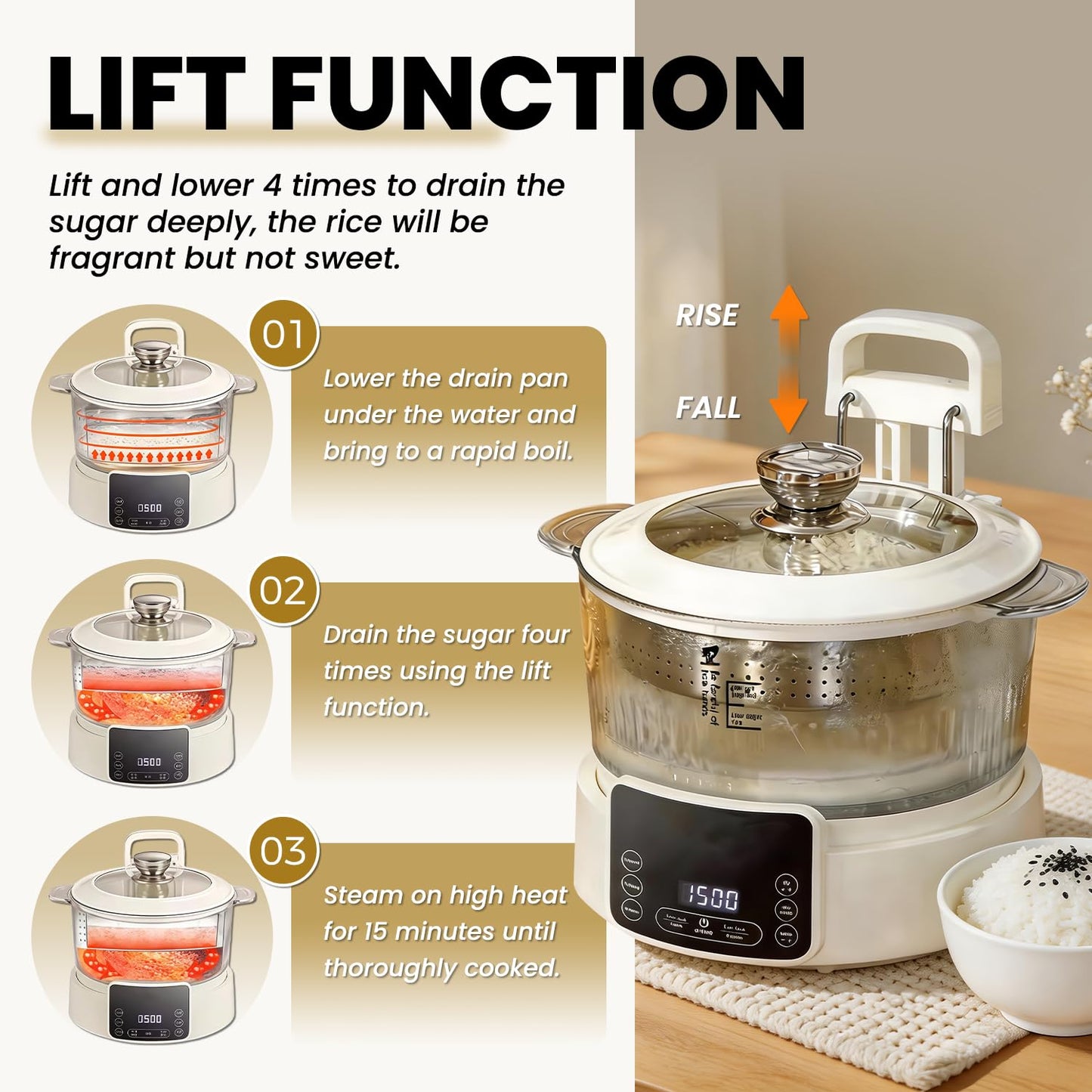 Low Carb Rice Cooker, Multifunction Smart Rice Cooker, Transparent and Visible food Steamer with Auto Lift Filter Basket (5L)