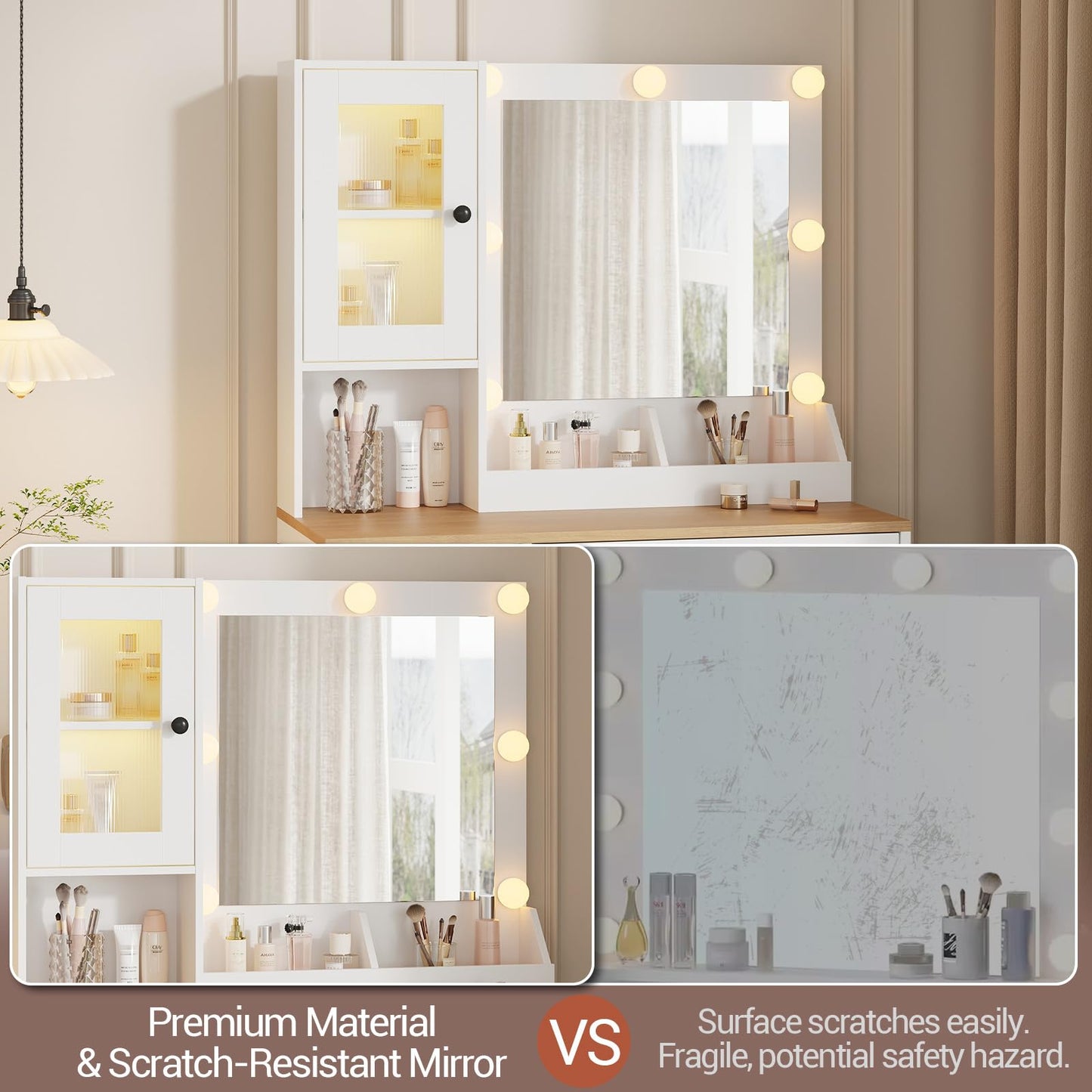 GarveeHome Makeup Vanity Desk with Mirror and Lights, Vanity Table with Charging Station, 2 Compartments, 2 Acrylic-Door Cabinets & RGB Lights, Dressing Table for Bedroom, White and Natural