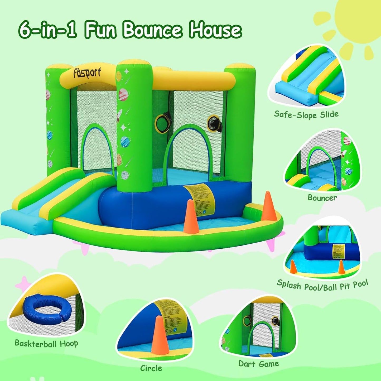 FBSPORT Inflatable Bounce House, Kids Bounce Castle Slide for Indoor Outdoor,Toddler Baby Jumper Bouncer, Kids Jumping Bouncy House with Blower, Ball Pit Pool, Basketball Hoop, Dart Game, Green