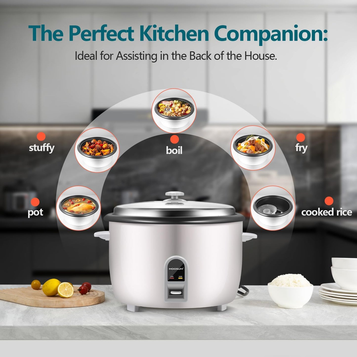 MOOSUM Commercial Rice Cooker, Large Capacity 30-Cup (UnCooked), 60-Cup (Cooked) with One Touch Operation and 12-Hour Keep Warm, Easy to Use and clean, 1600W, White