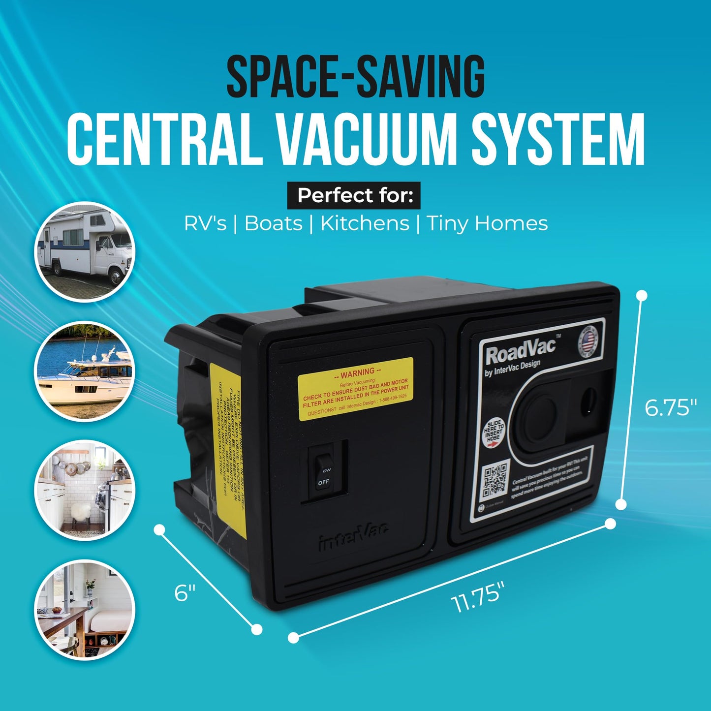 RoadVac Z1-CS-8-CORD RV Central Vacuum System | Wall-Mounted Built-in Vacuum for RVs, Boats & Tiny Homes | Compact Central Vacuum with 35′ Stretch Hose & Tool Kit