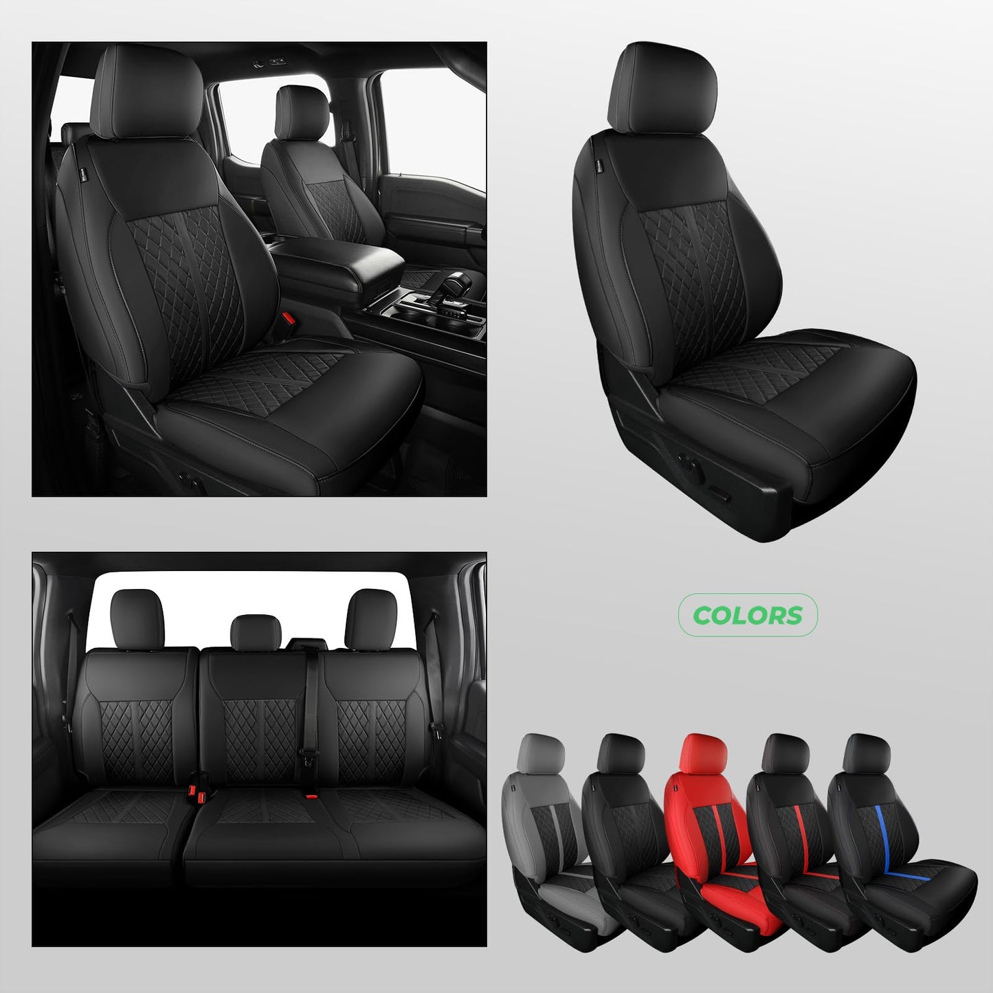 RIDEPOSH for Ford F150 Leather Seat Covers, SuperCrew XL XLT 2021-2025, F250 F350 F450 Super Duty Crew Cab 2023-2025, Custom Truck Seat Cover Full Set, Pickup Accessories, Black (Bucket Seat)