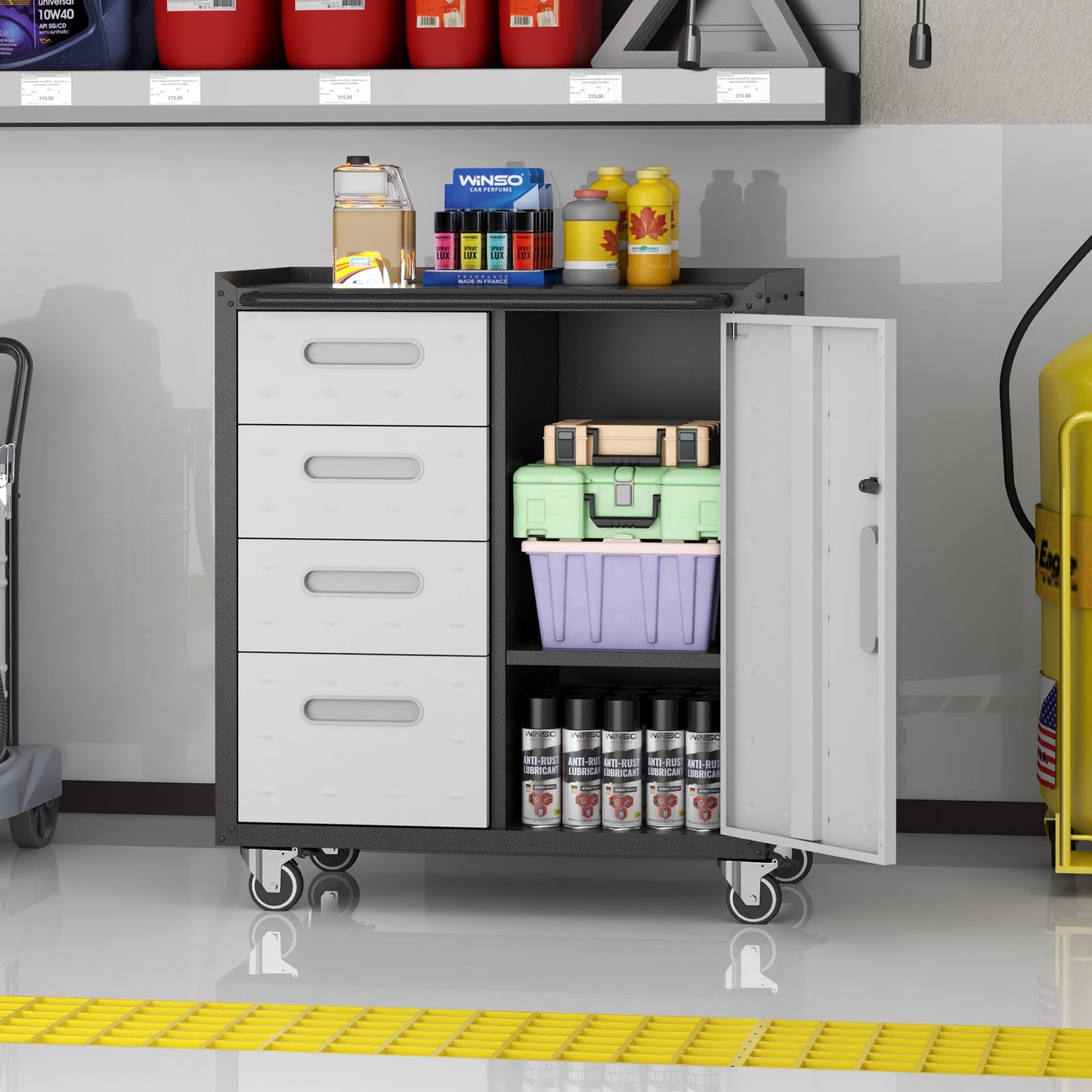 BIZOEIRON Metal Storage Cabinet with Wheels, Rolling Tool Cabinet with Adjustable Shelve, Locking Garage Storage Cabinet with 4 Drawer and 1 Door for Tools, Assembly Required (Black/Grey)