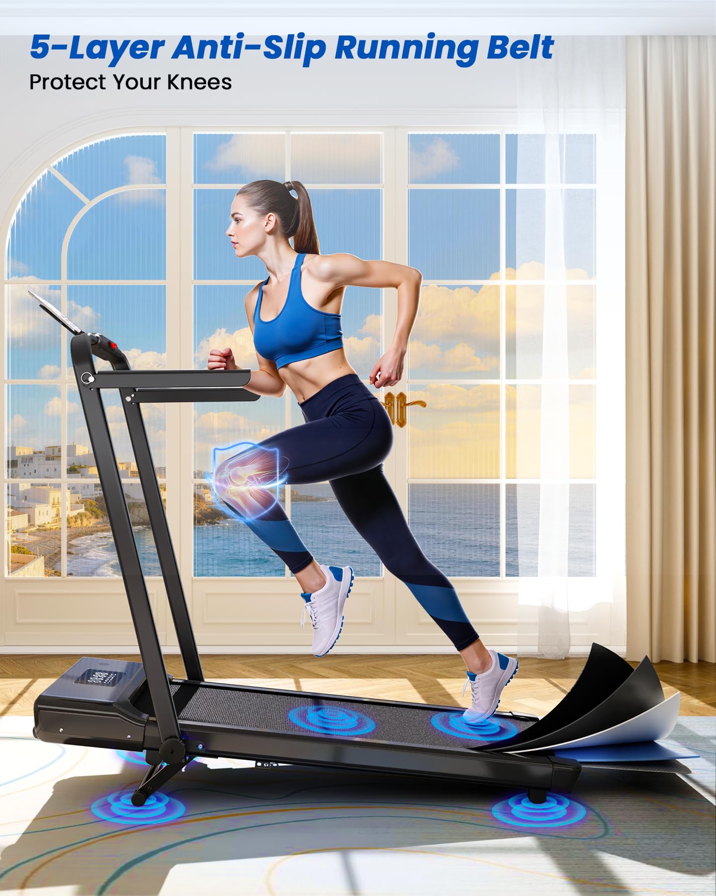 DeerRun Foldable Walking Pad Treadmill for Home & Office, Under Desk Walking Pad Treadmill with 9% Manual Incline and Handlebar, 0.6–7.5 MPH, 300 lb Capacity, App & Remote Control