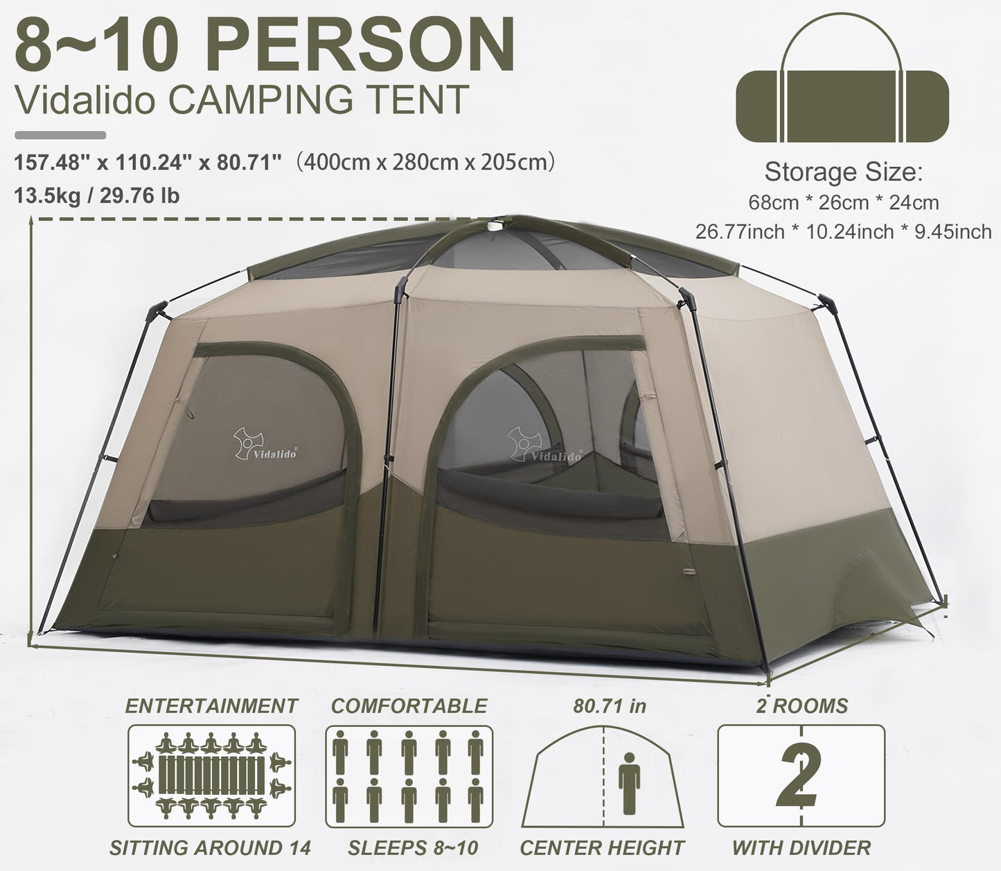 Vidalido Tents，8-10 Person Camping Tent with Extended Vestibule，2 Room Weather Resistant Family Tents，Easy Install Waterproof Outdoor Tent for Camping Hiking（Green）