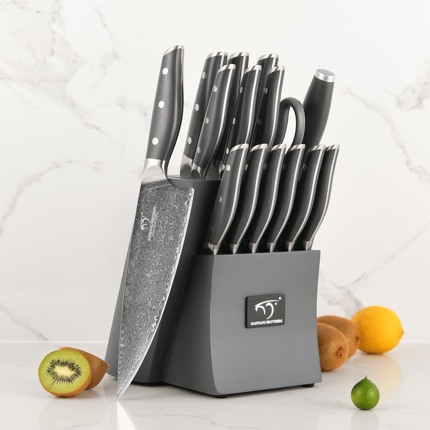NANFANG BROTHERS Knife Set, 16-Pieces Damascus Kitchen Knife Set with Block, ABS Ergonomic Handle for Chef, Carving Fork, Disconnect-type Knife Block Set (Gray)