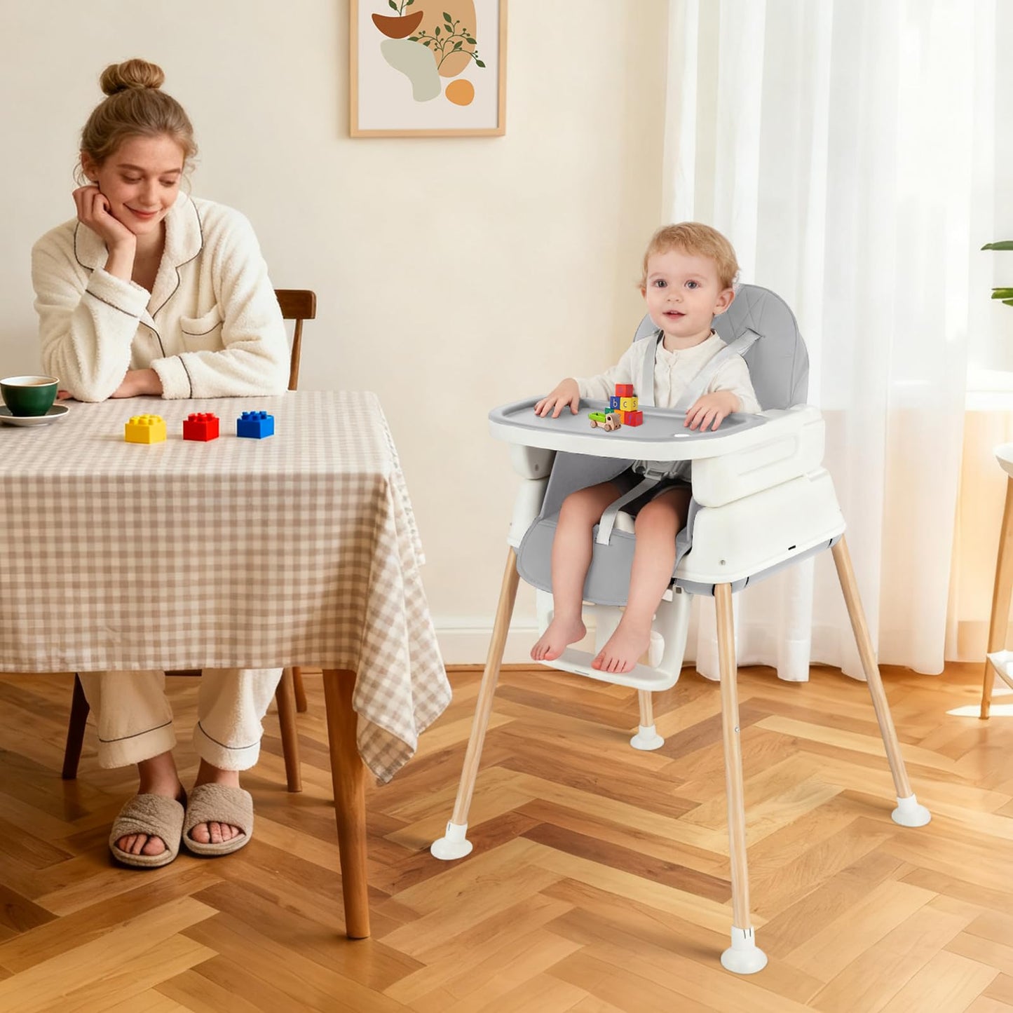 5-in-1 Baby High Chair, Convertible Booster & Play Chair, Portable Foldable Lightweight, Easy to Clean with Tray, for Babies Toddlers 6-36 Months, Gray