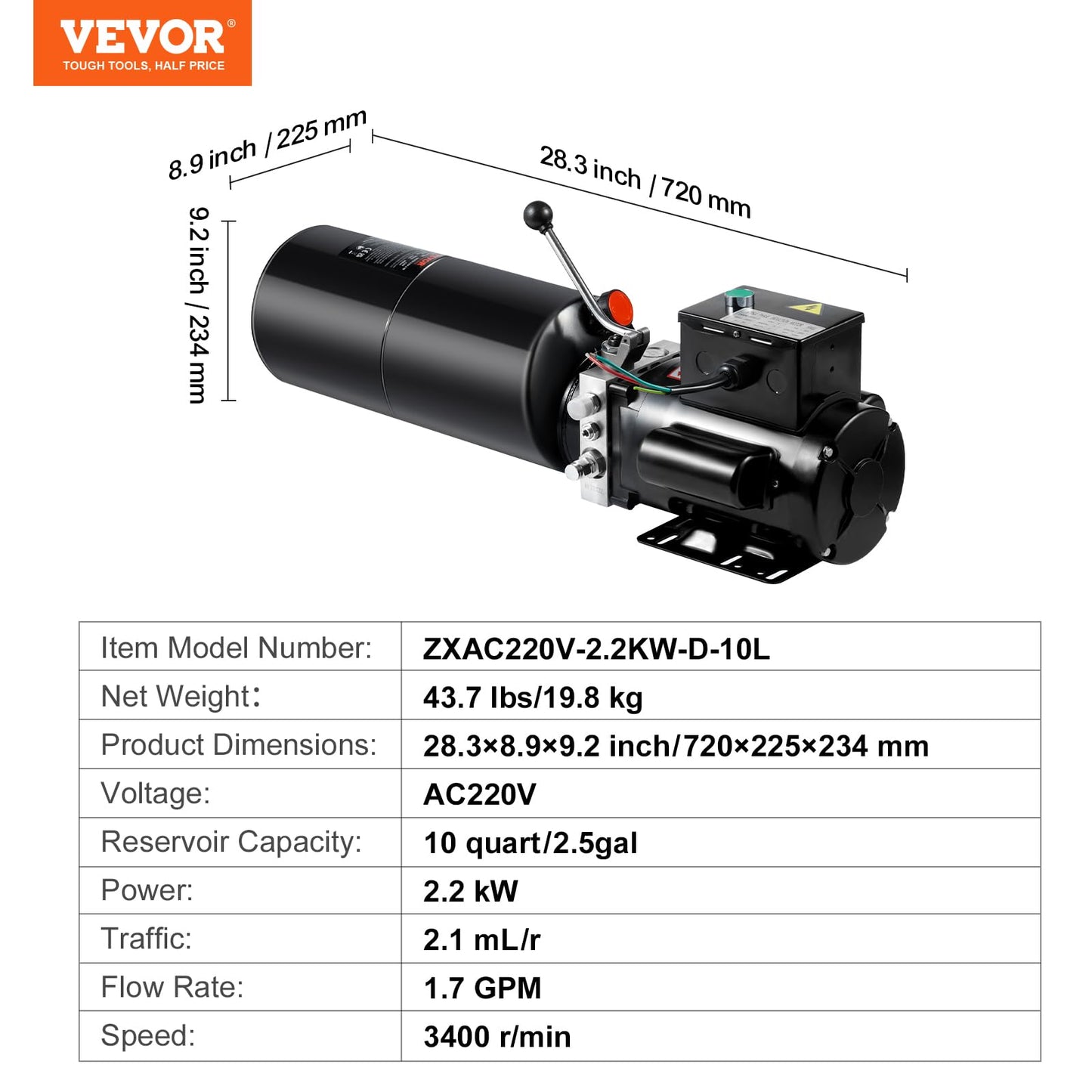 VEVOR Hydraulic Power Unit 220V 10 Quart Car Lift 3HP Hydraulic Pump Power Unit Single Phase Hydraulic Pumps with 10L Steel Tank Hydraulic Power Unit for Auto Repair Single Phase