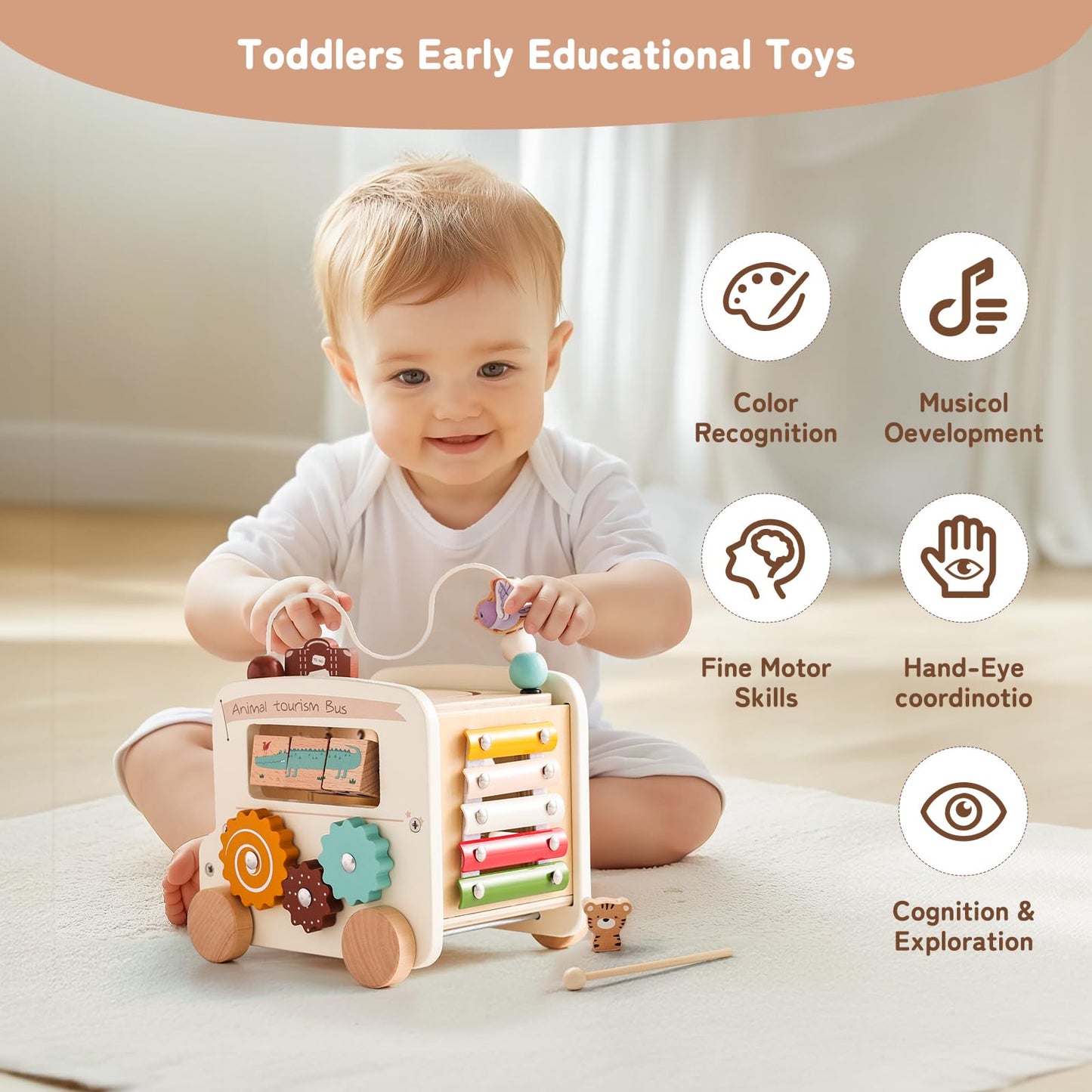 Etucdose Wooden Activity Cube 8-in-1 Montessori Toys | Multifunctional Early Educational Learning Toys | Wooden Toy for Baby Shape Sorter Xylophone Animal Travel Bus Boy Girl Birthday Gift（Beige Bus）