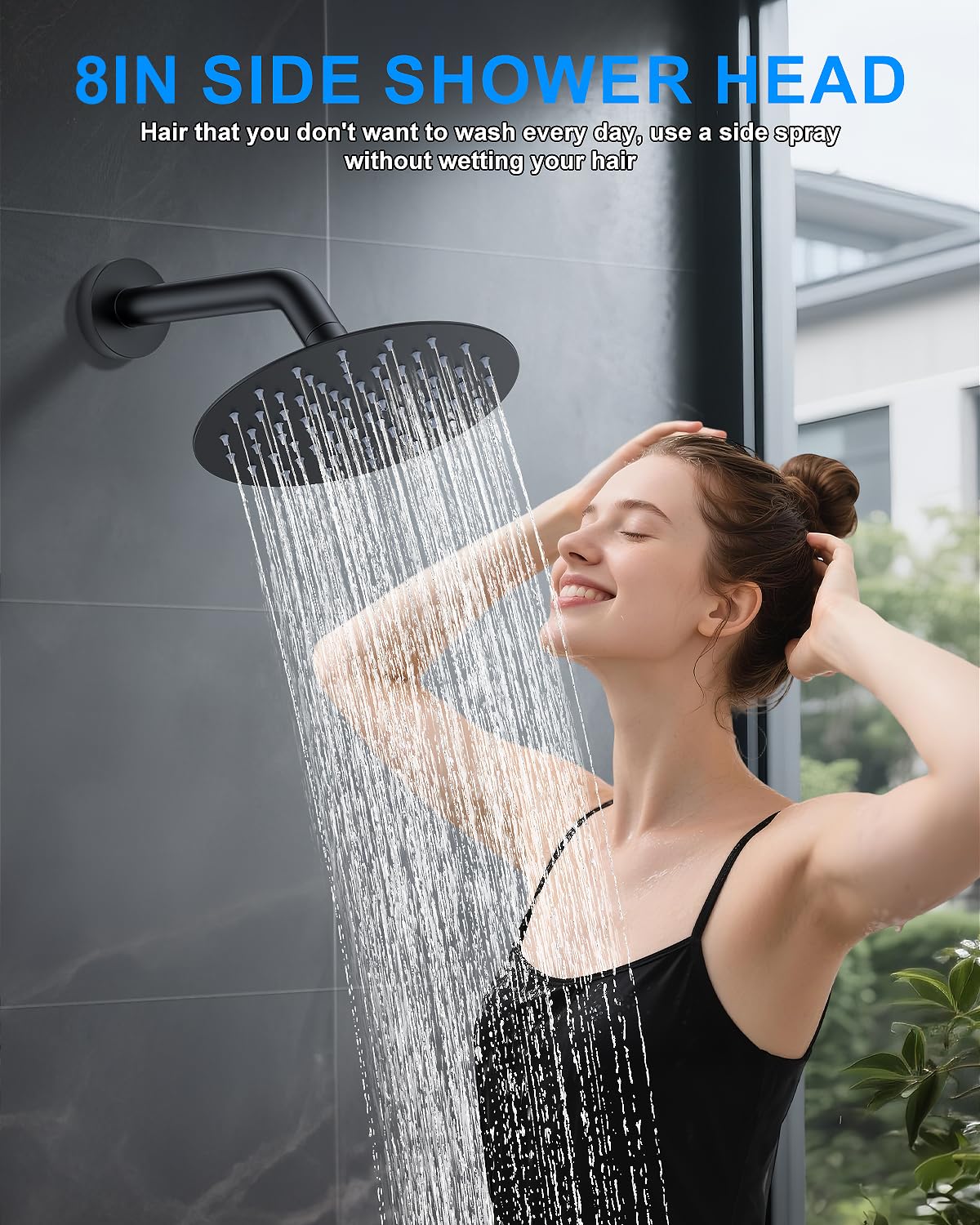 Shower System with Pressure Balance Valve, 10" Ceiling Mount Shower Faucet Set with 2 Rain Shower Head And Multi-function Handheld Head Push Button Diverter Pressure Balancing Valve Kit, Matte Black