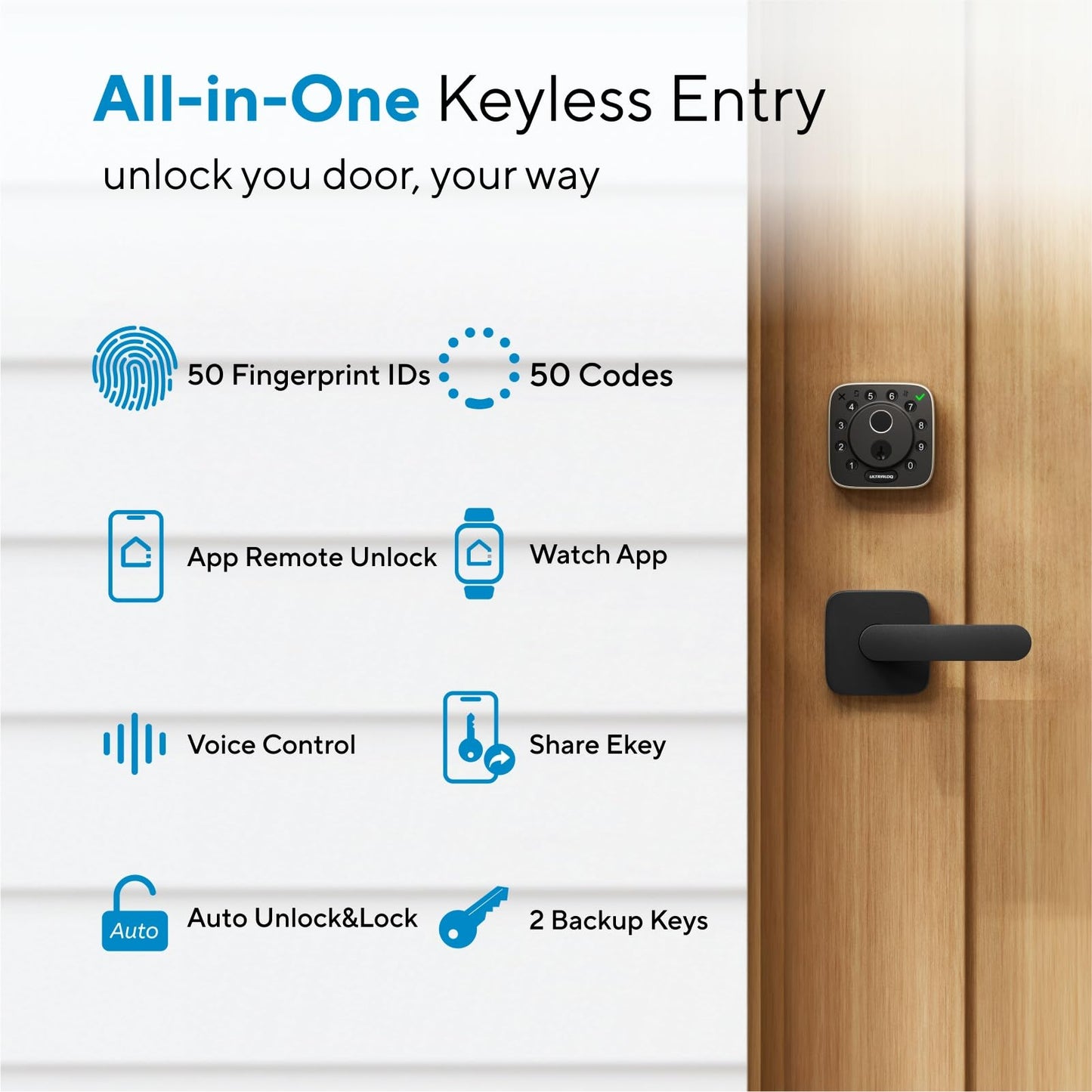 ULTRALOQ Bolt Fingerprint Wi-Fi Smart Locks for Front Door, Works with Apple Home, Alexa, Google, Smart Lock with Handle, App Finger Code Voice Unlock, Remote Control, Auto-Lock, BHMA Certified
