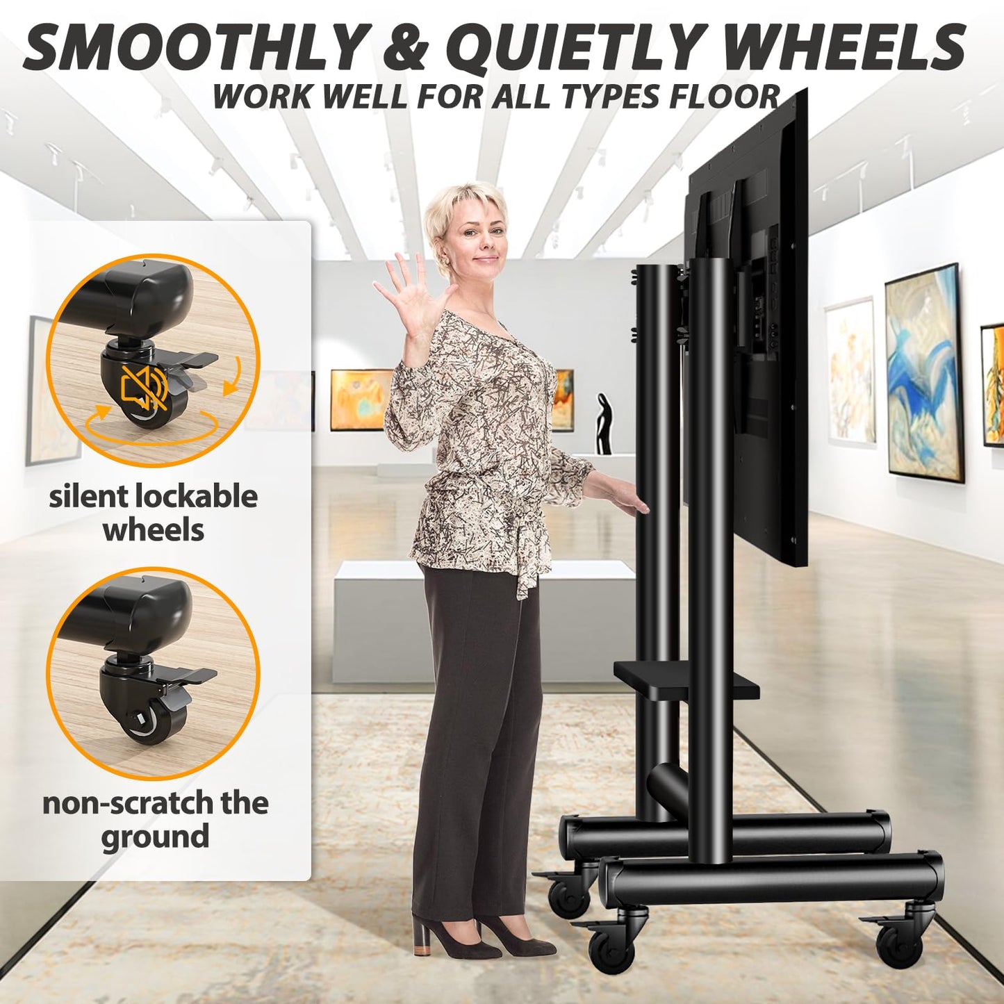 TVON Heavy Duty Rolling TV Stand for 50-92 Inch Large TVs up to 200 lbs, Height Adjustable Mobile TV Stand with Shelf, Upgraded Portable TV Stand on Wheels for Living Room, Office, Trade Show