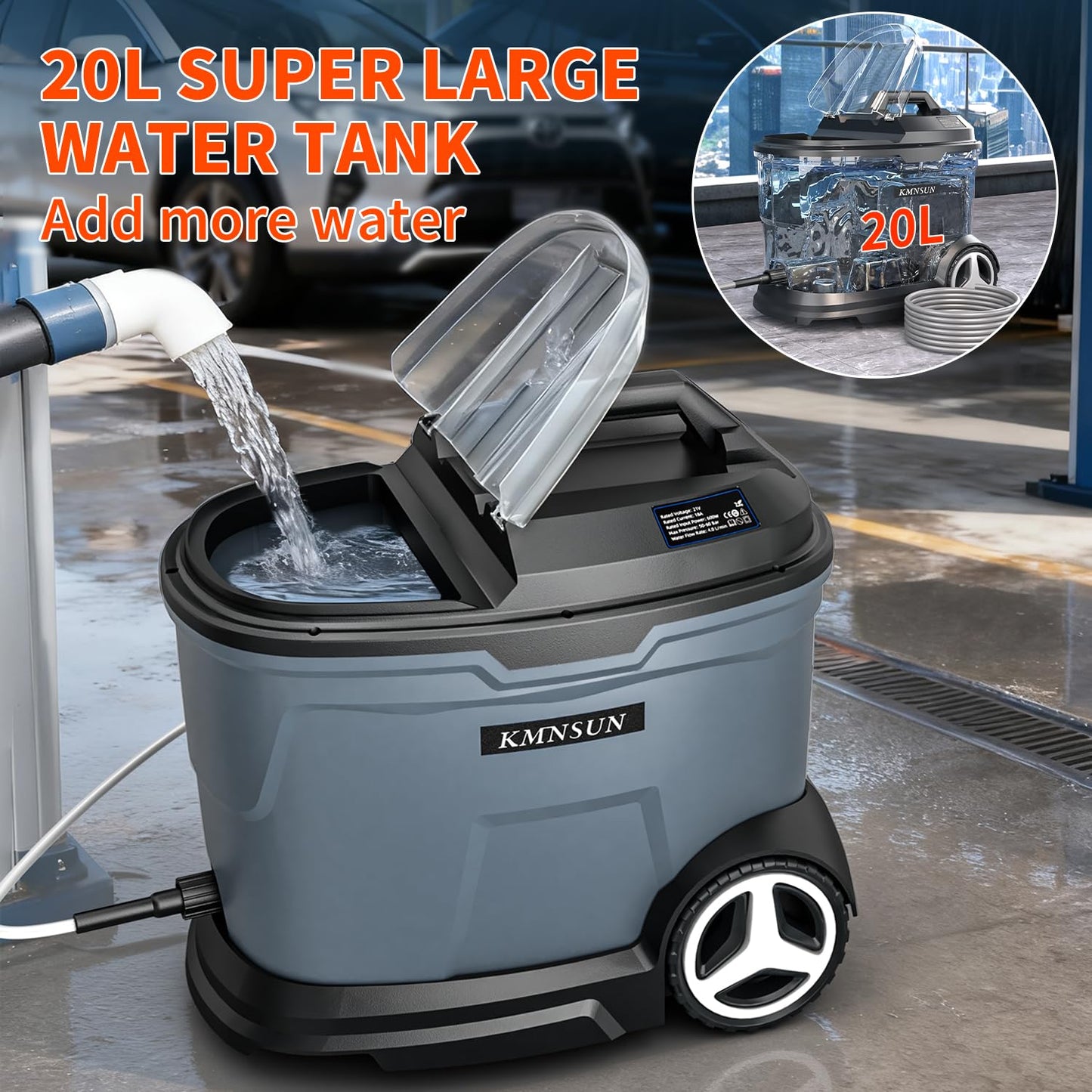 KMNSUN Portable Pressure Washer, Cordless Pressure Washer with 5.28 Gallon Tank, Max 870 PSI, 2 x 4.0Ah Battery, 2 x Chargers, Extension Rod, Suitable for Car Washing, Outdoor Rinsing, Pet Cleaning