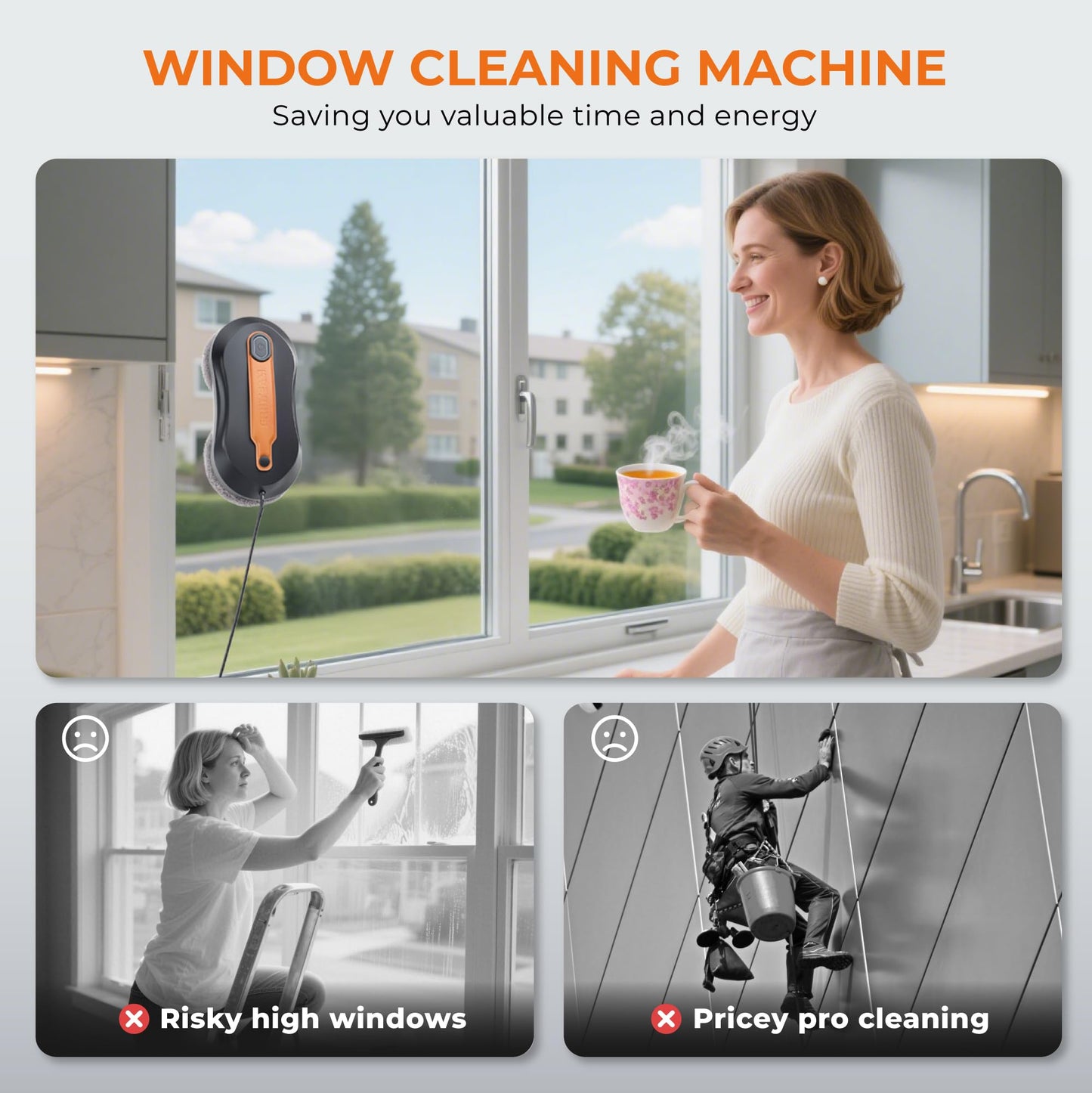 FRUITEAM Automatic Window Cleaning Robot, Window Cleaner Robot with App & Remote Control, Dual Water Spray for Inside/Outside Frame Glass Cleaning, Triple Safety System, Smart Path Detection