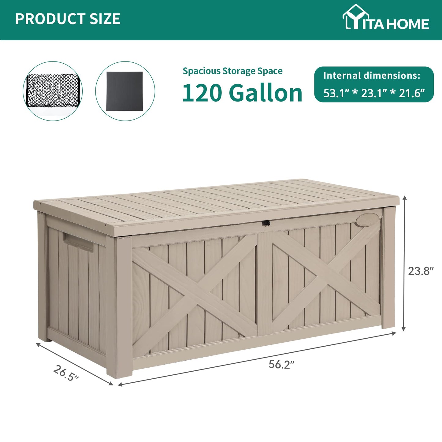 YITAHOME 150 Gallon Large Outdoor Storage Box with X-Shaped Front, Waterproof Resin Deck Box Cushion Storage Bench for Patio, Pool Supplies, Garden Tools- Lockable, Taupe