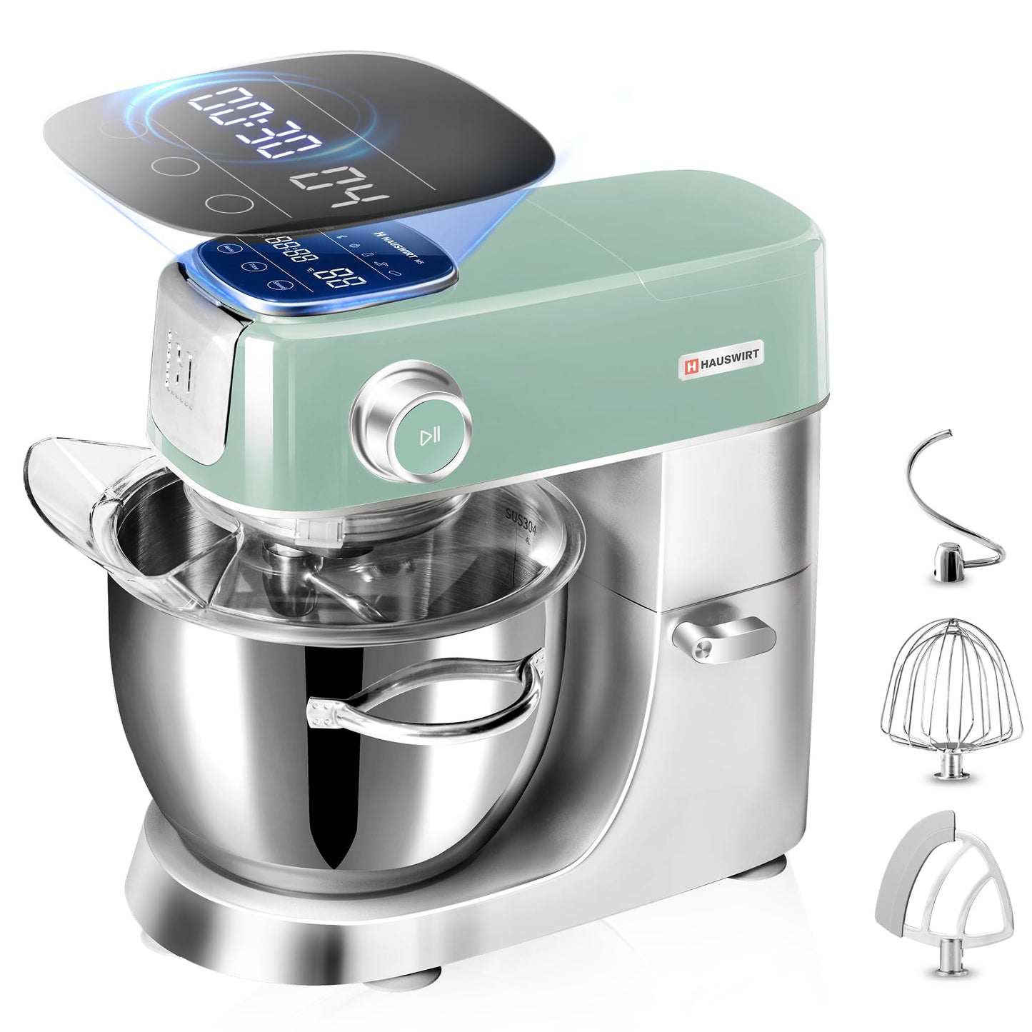Hauswirt High-End Smart Stand Mixer M5, LED Touchscreen Mixers Kitchen Electric Stand Mixer, 5 Preset Menus, 5.3Qt Dough Mixer, 11speeds Kitchen Mixer with Egg Whisk, Dough Hook, Beater, lake green