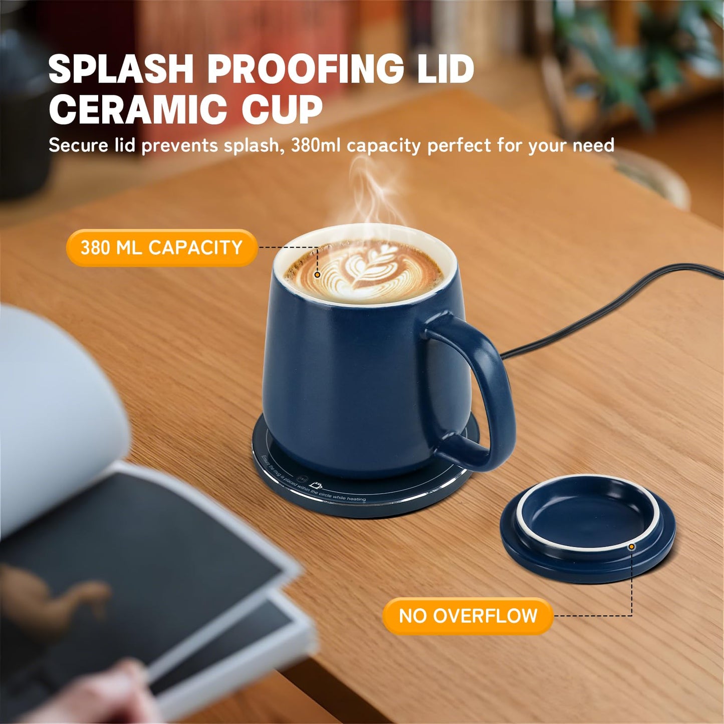 USBERG Smart-Warming Ceramic Mug & Plug in 15W Wireless Charger Combo - Keep Coffee Hot (131°F/55°C, USB-C) & Phone Charged, Cord-Free! 12.8 oz, Splash-Proof Lid (Navy Blue)