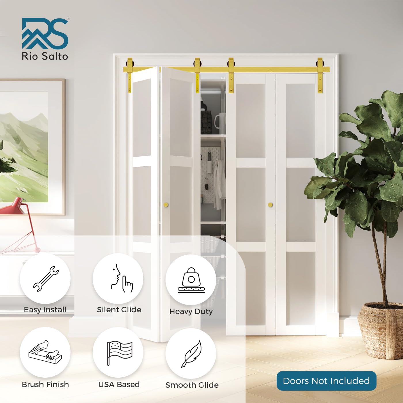 Rio Salto Gold Bifold Sliding Barn Door Hardware Kit Heavy Duty Metal Track System with Matching Knobs Gold Bi-Fold Barn Door Bifold Closet Doors, Bi-Folding 64" Track for 4 Doors, 4 Rollers No Door