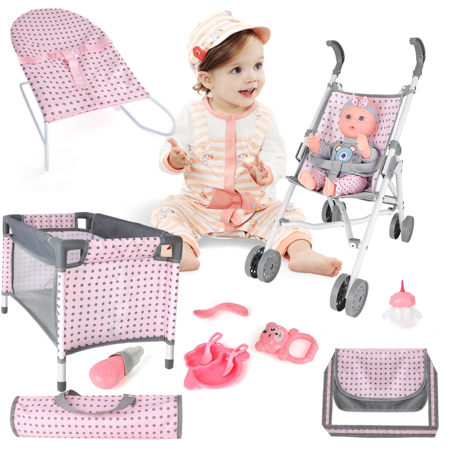 deAO Baby Doll Stroller Crib Bed Nursery Role Play Set Baby Doll with Accessories and Play Mat,Travel Cot,Bouncer,Foldable Stroller and Travel Bag Gifts for Toddlers Girls Boys