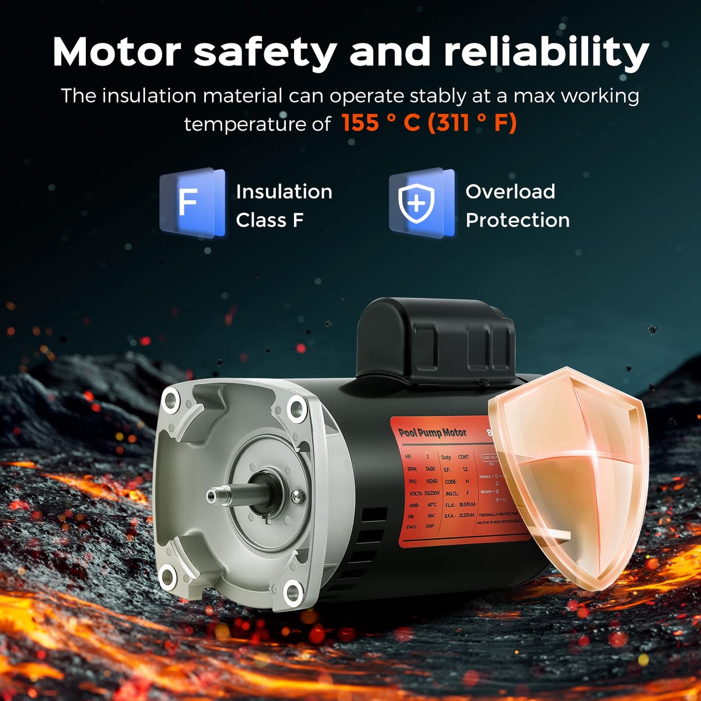 Bonvoisin 2HP Pool Pump Motor 56Y Frame 3450 RPM CCW Rotation Square Flange Replacement Motor with 80μF/300V Capacitor for Above Ground and Underground Swimming Pools 115V/230V