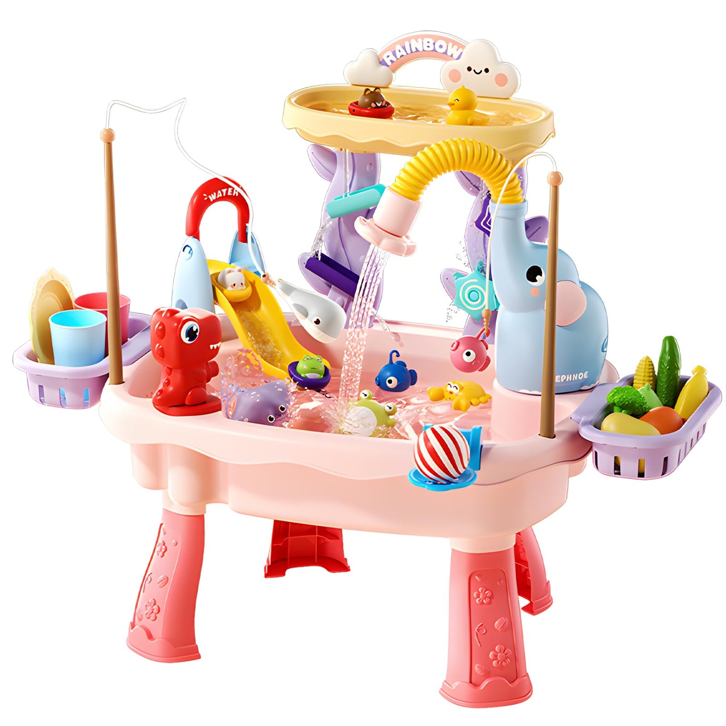TUVBPK 2027 Upgraded Toddler Sand Water Table Toy with Electric Water Pump, Kids Sand Water with Faucet/Play Food Accessories/Fishing Toy, Kitchen Play Sink Toys for Girl Boy Age 3+ (Pink)